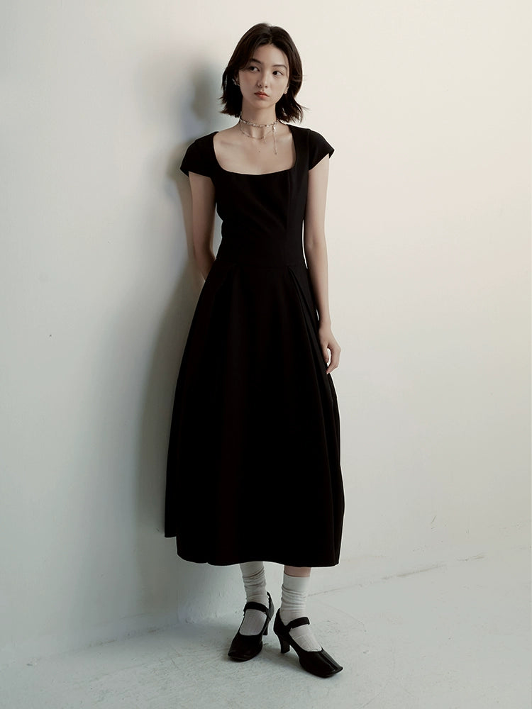 FUSSED_Black_Cocoon_U_Neck_Dress_With_Draped_Waist_MISSTT