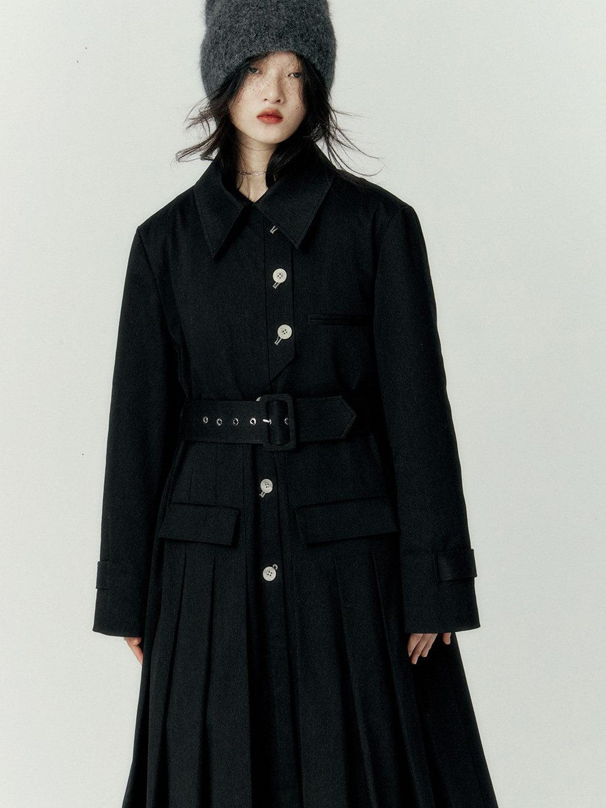 FUSSED Black Pleated Structured Quilted Trench Slim Fit Women&