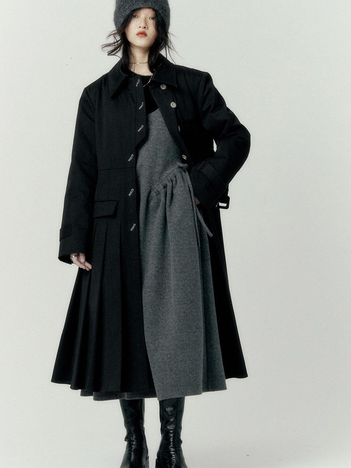 FUSSED Black Pleated Structured Quilted Trench Slim Fit Women&