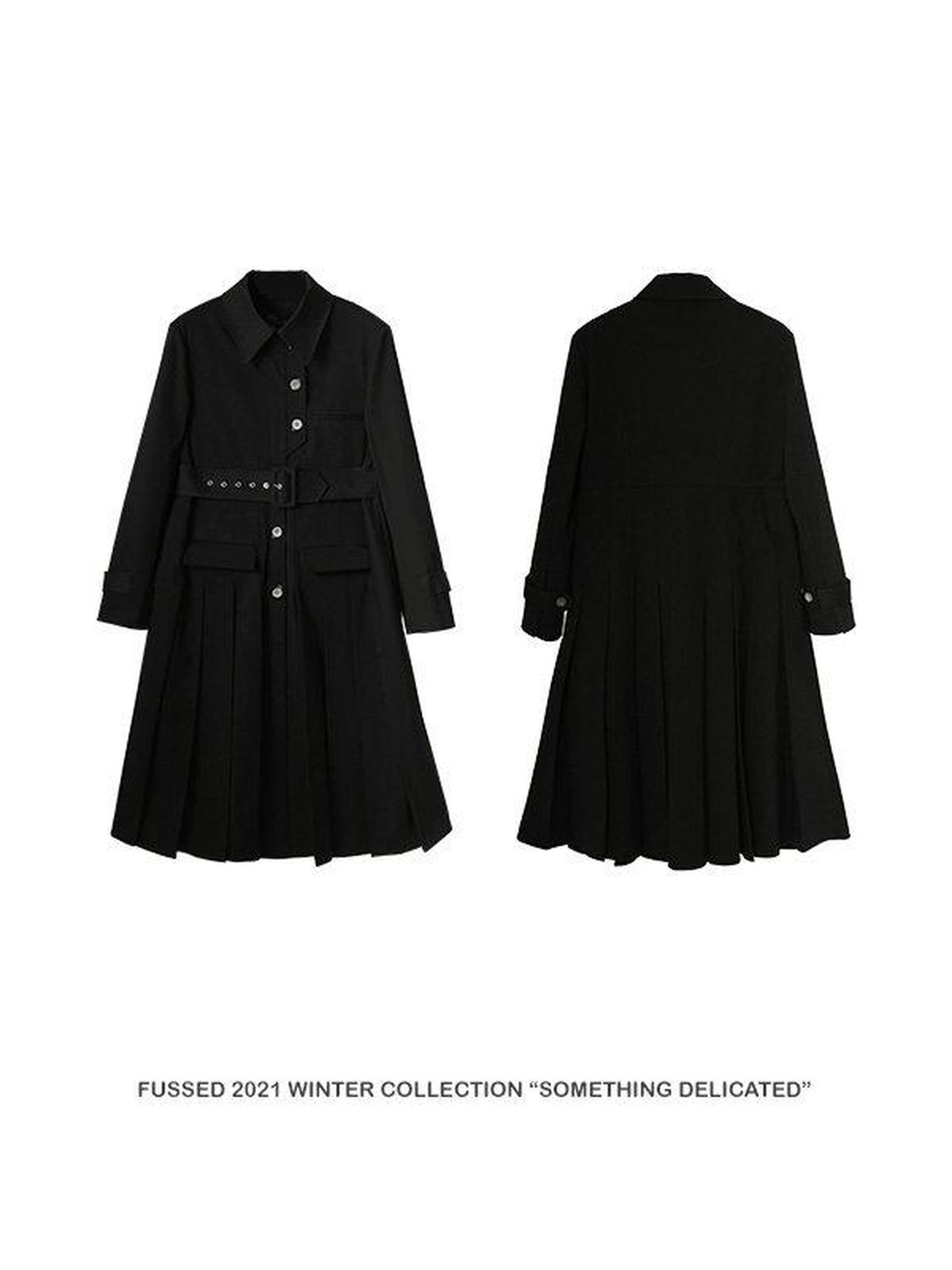 FUSSED Black Pleated Structured Quilted Trench Slim Fit Women&