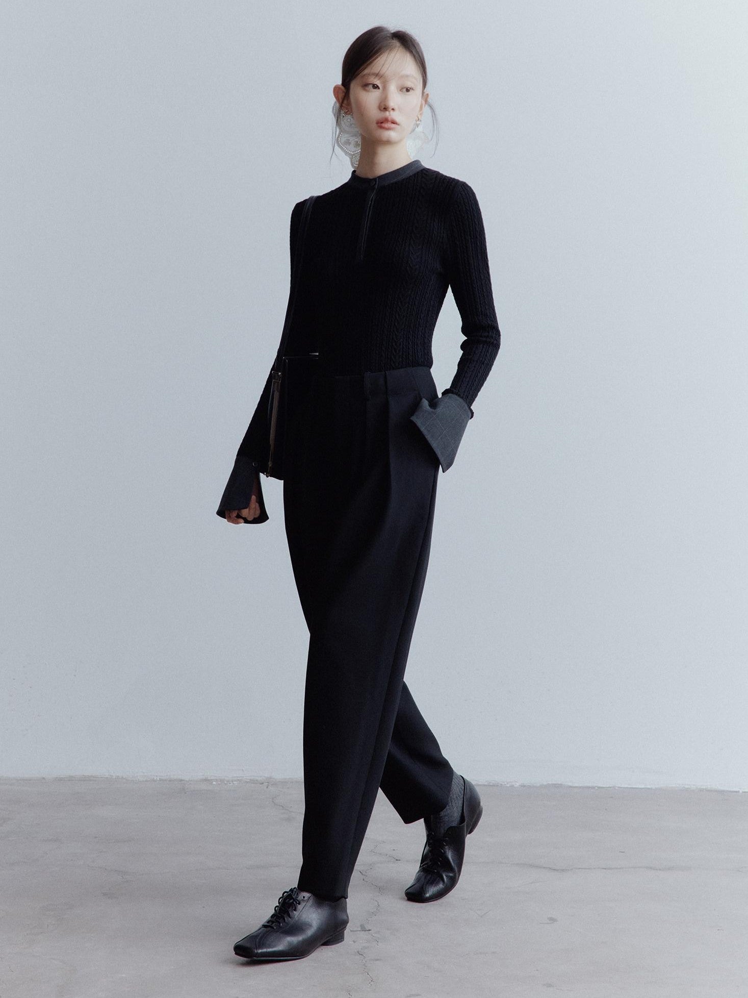 FUSSED Black Rope Cable Knit Shirt Collar Slimming Women&