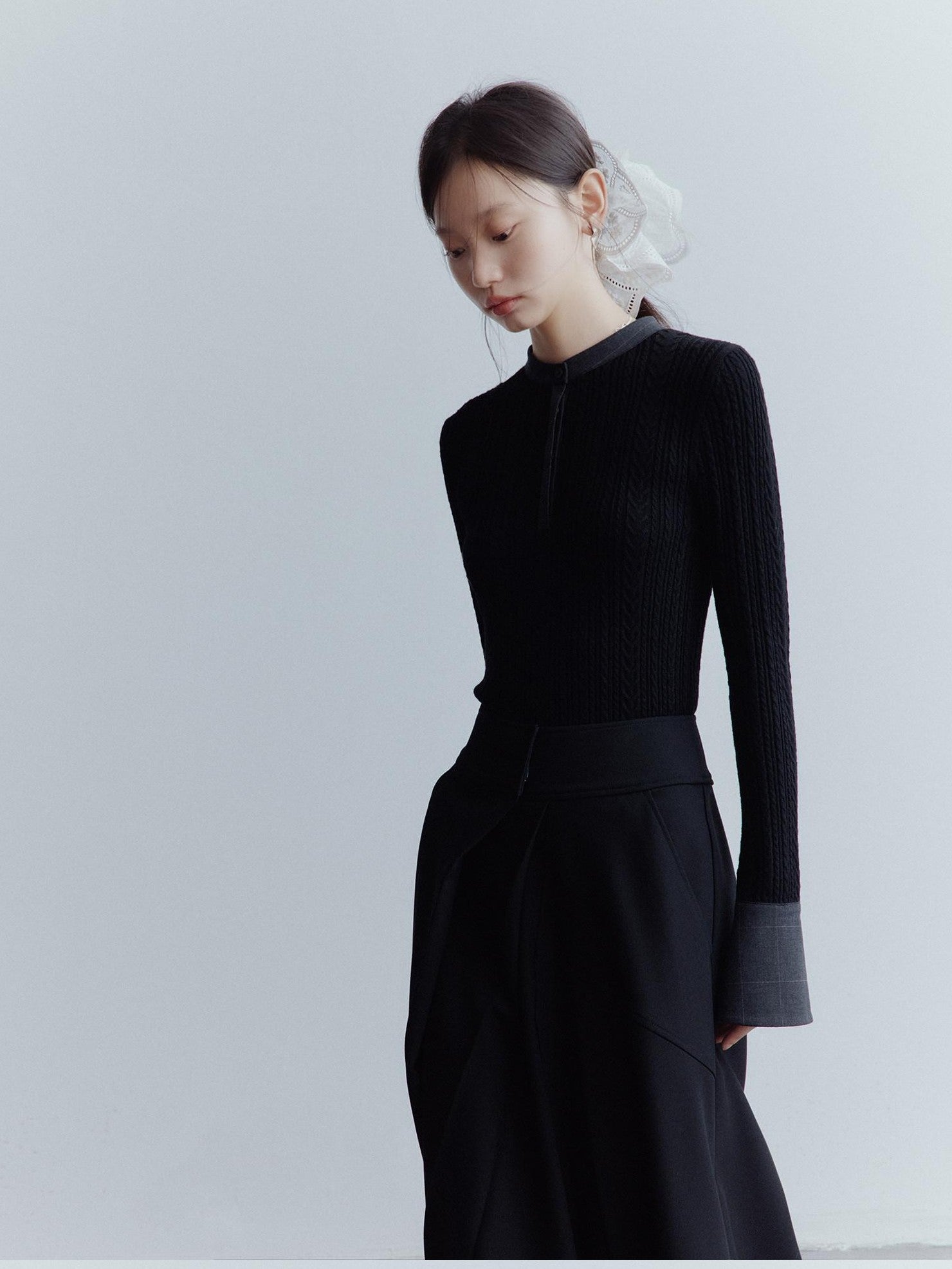 FUSSED Black Rope Cable Knit Shirt Collar Slimming Women&
