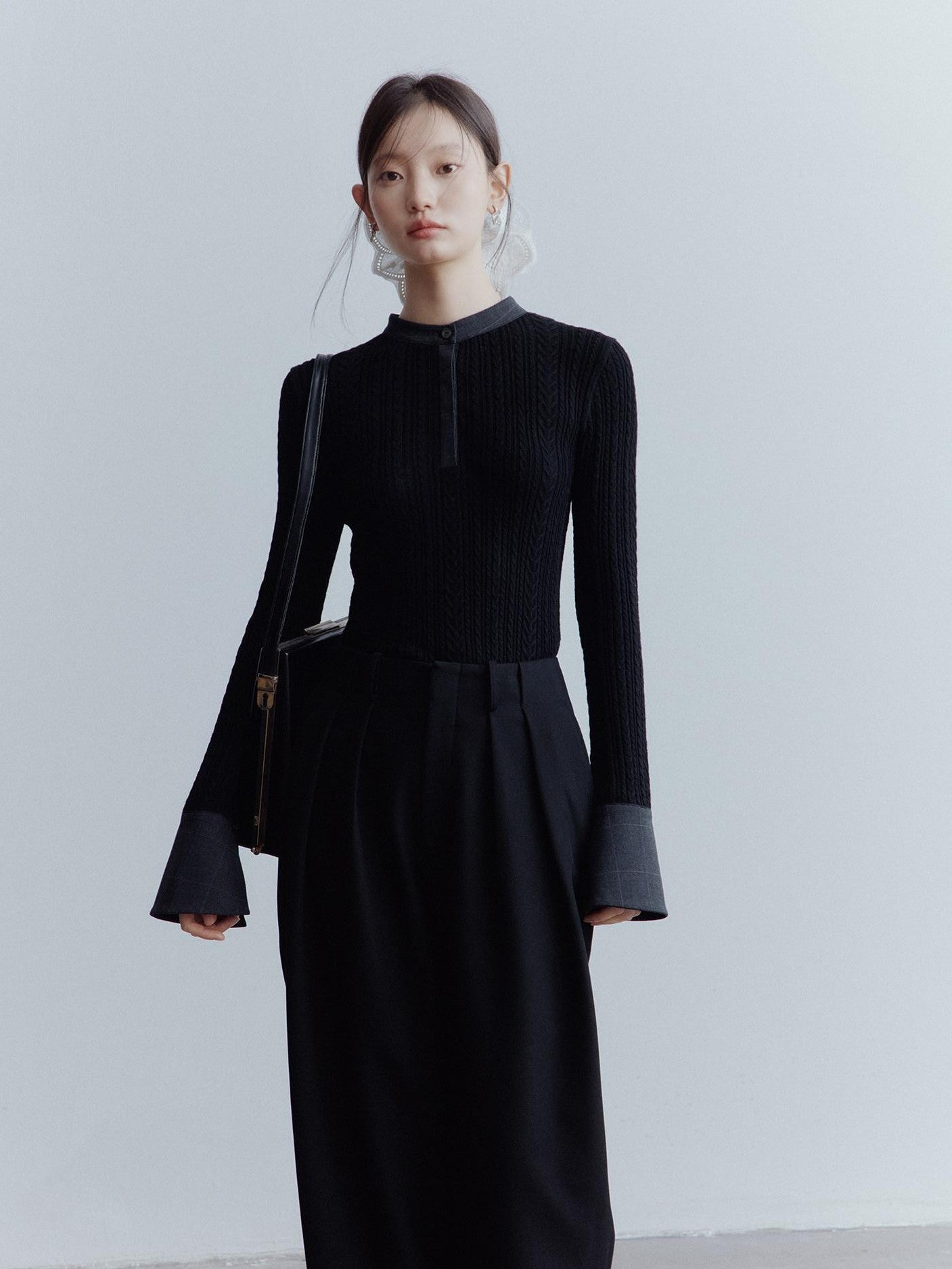 FUSSED Black Rope Cable Knit Shirt Collar Slimming Women&