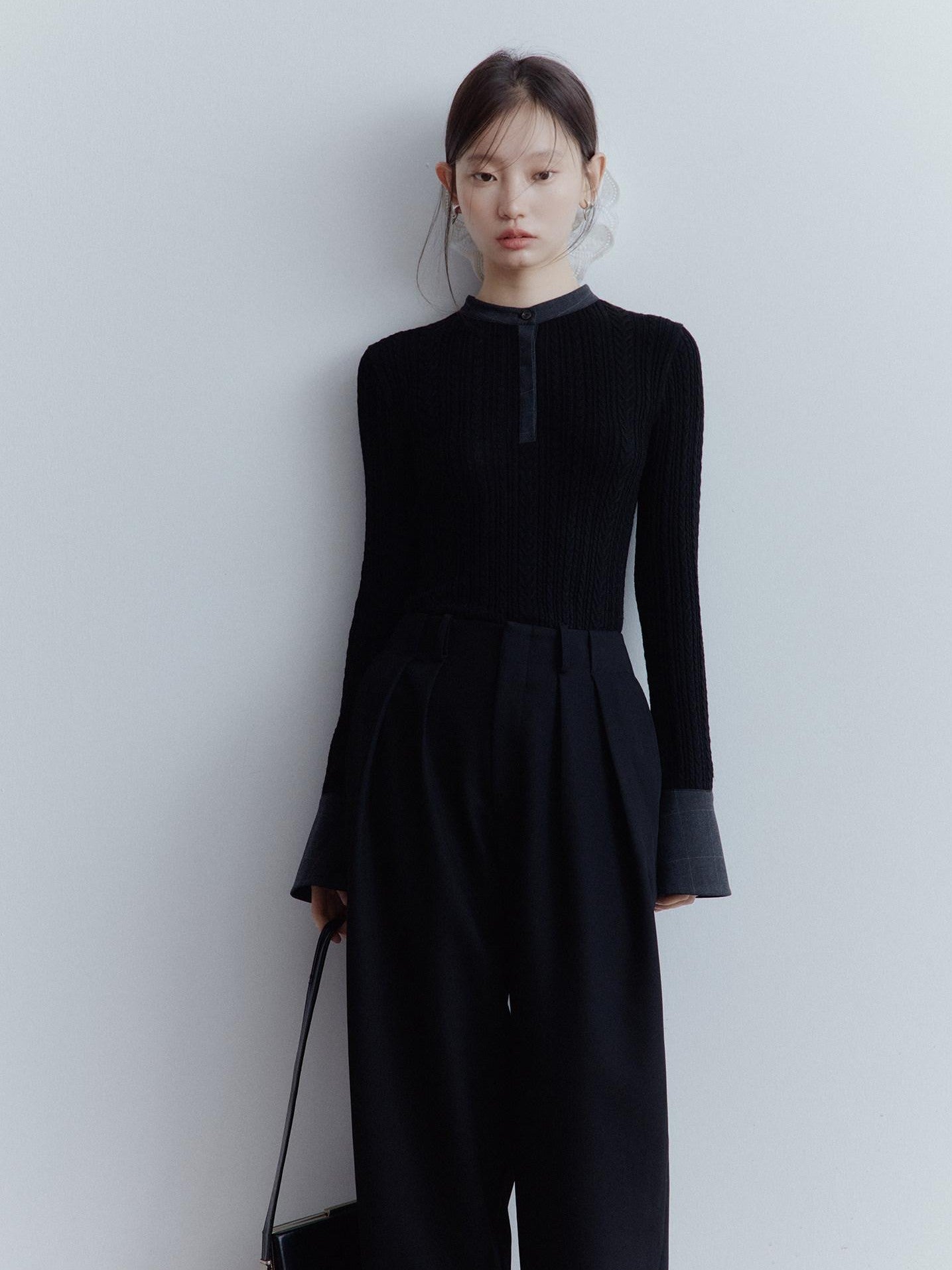 FUSSED Black Rope Cable Knit Shirt Collar Slimming Women&