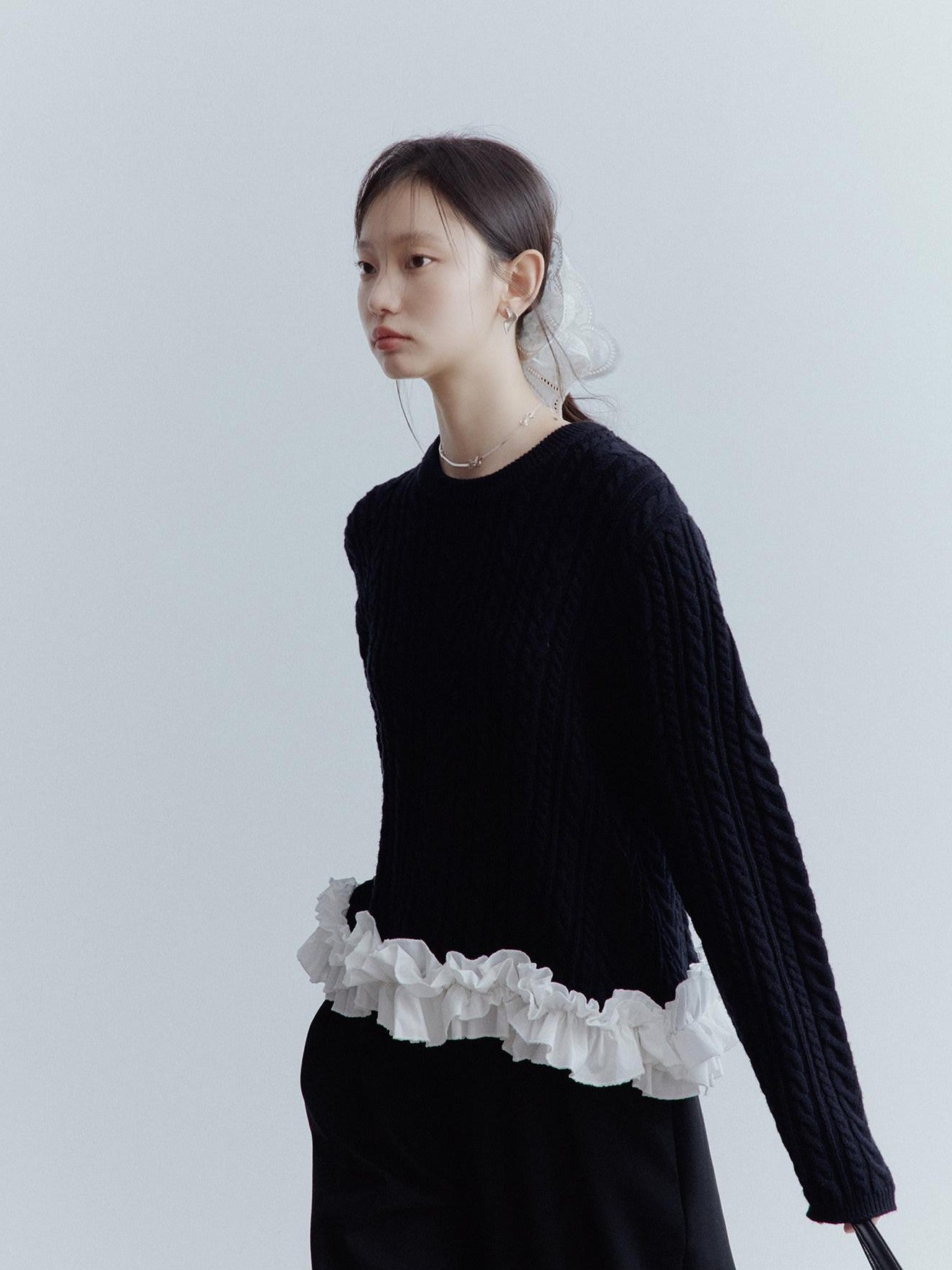 FUSSED Black White 3d Floral Lace Rope Cable Ruffle Women&