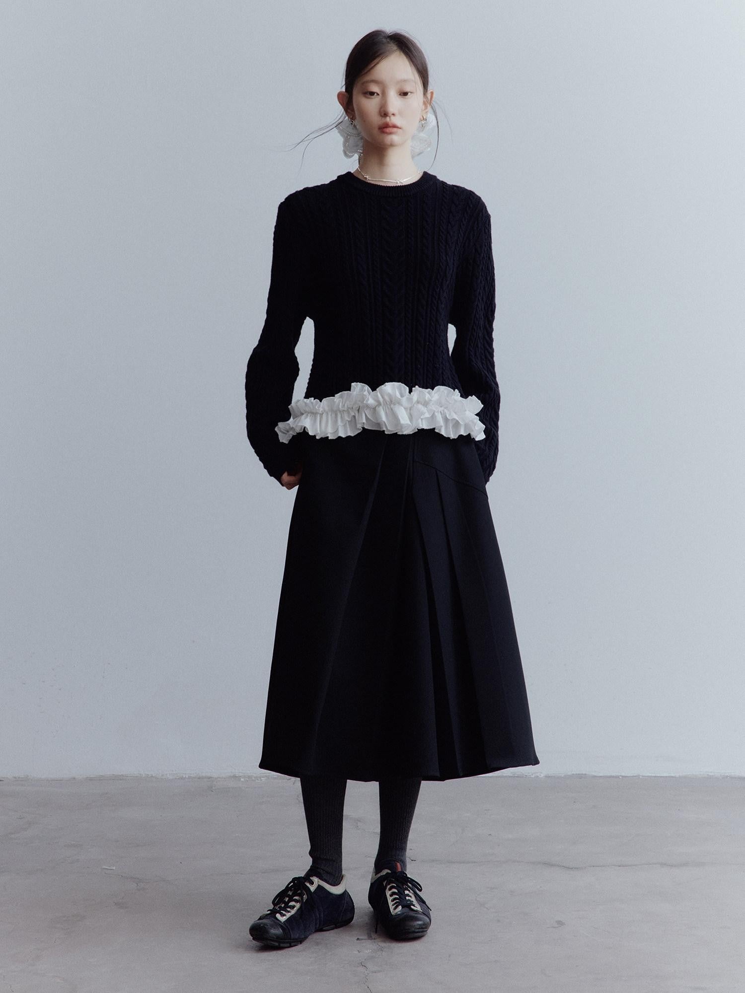 FUSSED Black White 3d Floral Lace Rope Cable Ruffle Women&