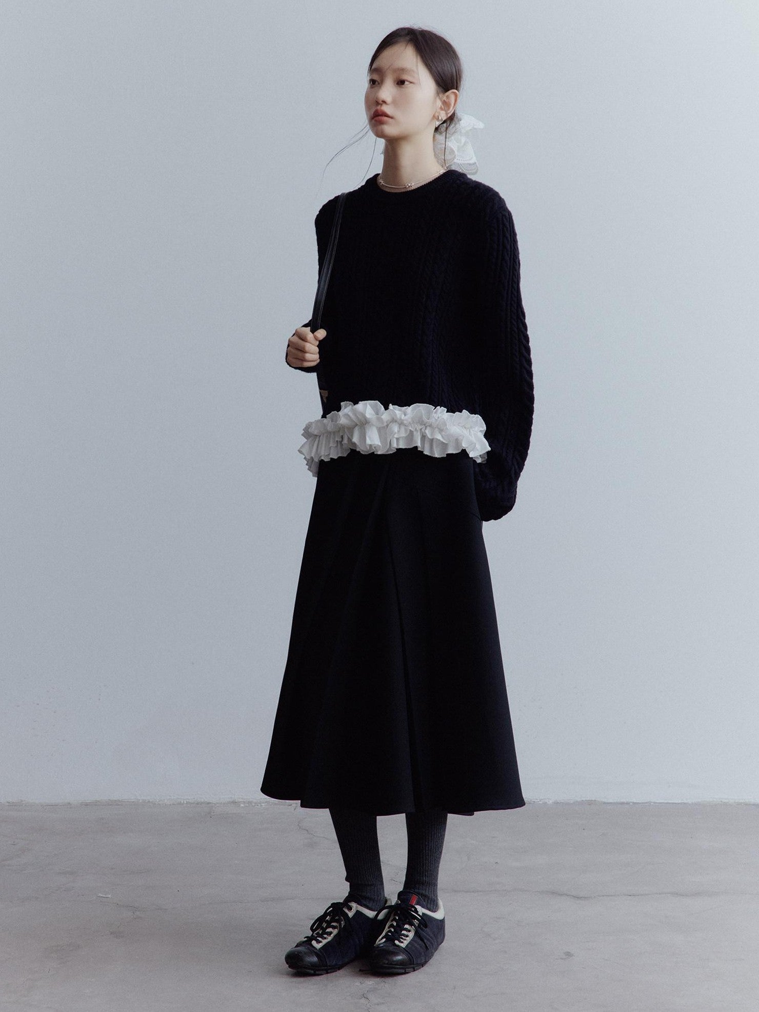 FUSSED Black White 3d Floral Lace Rope Cable Ruffle Women&