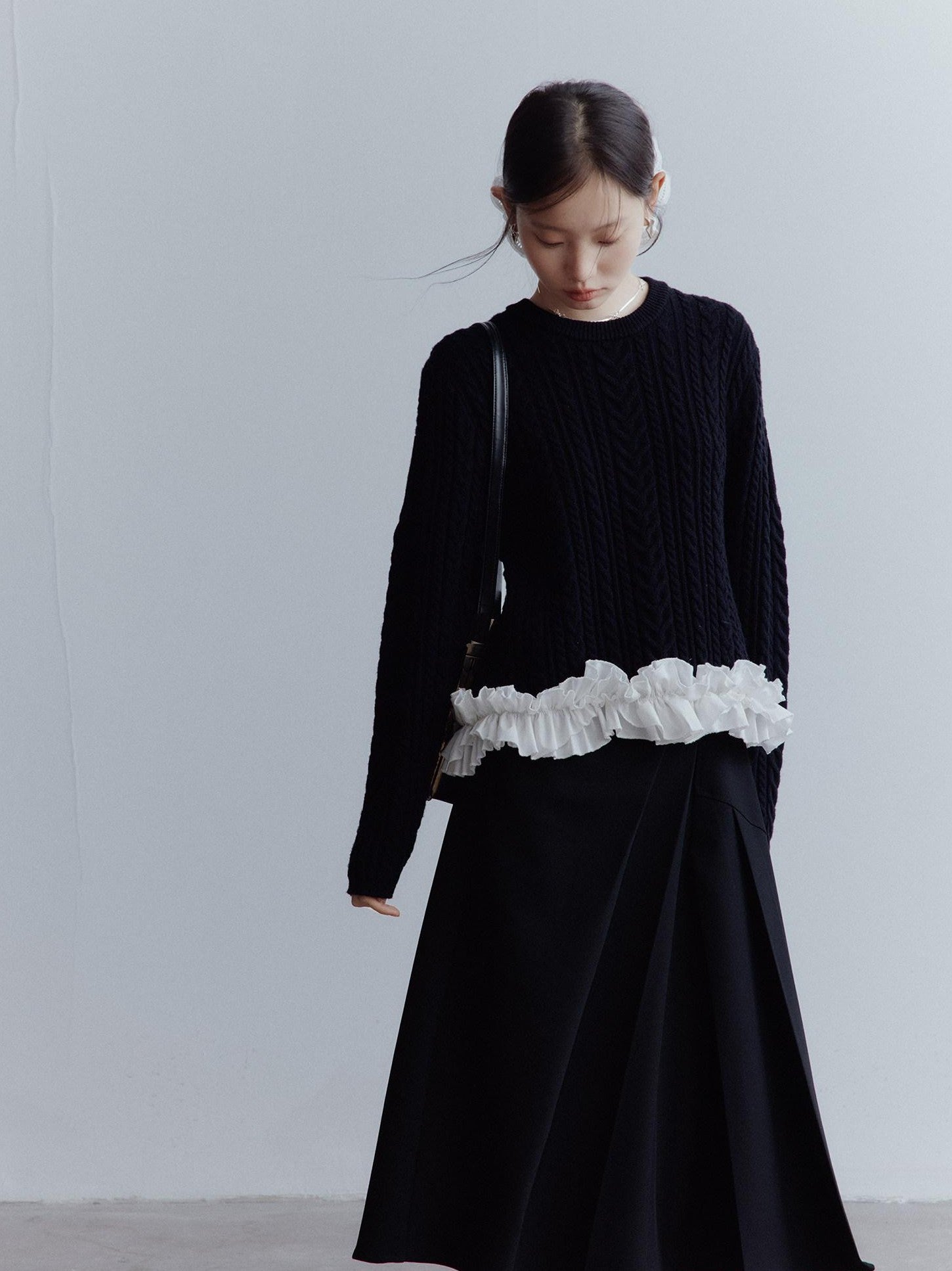 FUSSED Black White 3d Floral Lace Rope Cable Ruffle Women&