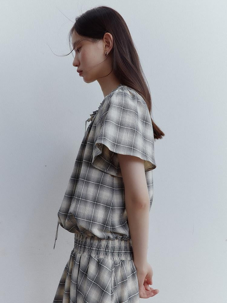 FUSSED Black White Check Heavy Ruching Patchwork Women&