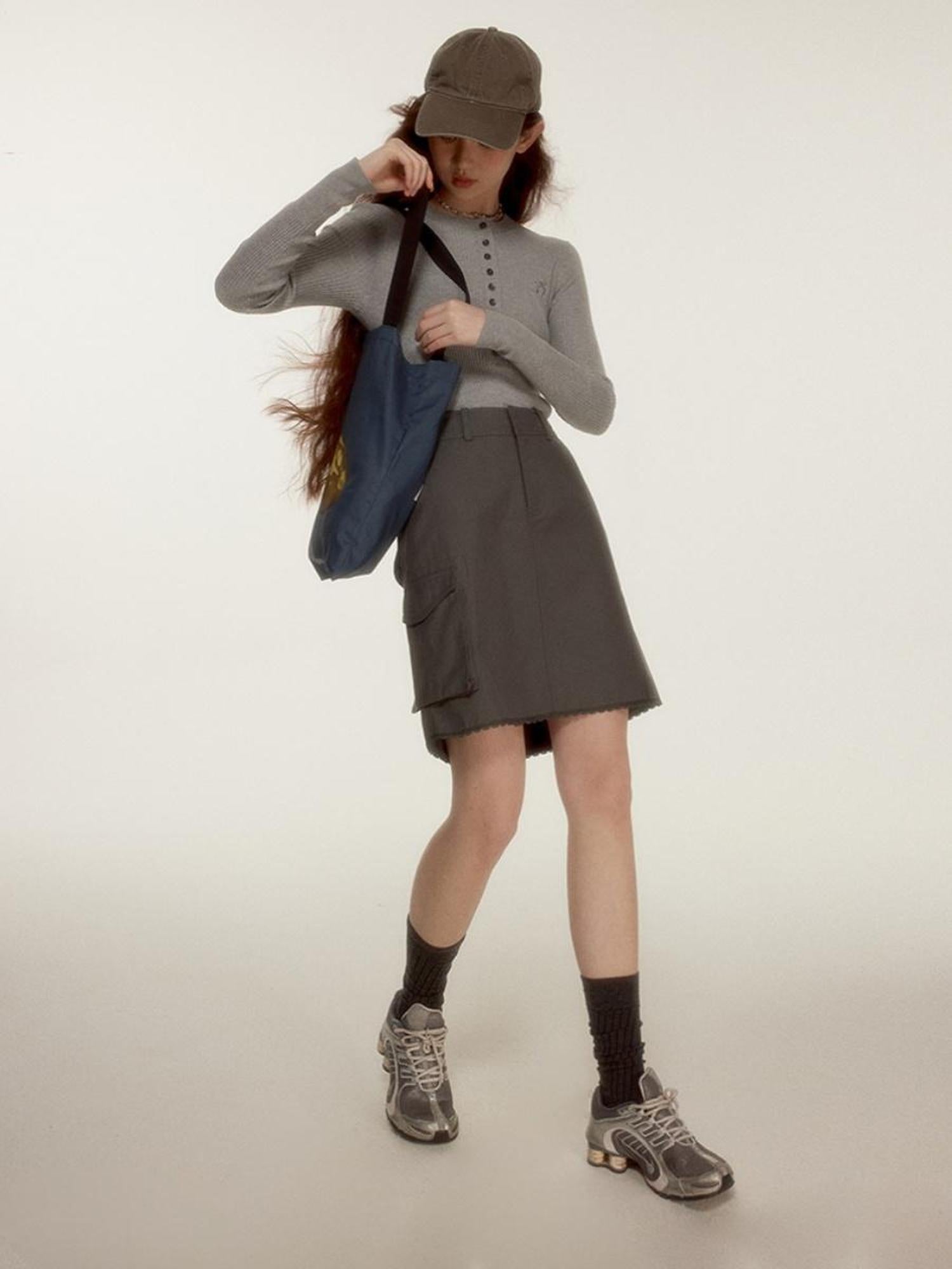 FUSSED Blokette Aesthetic 3D Utility Frost Gray Blue Lace Paneled Skirt