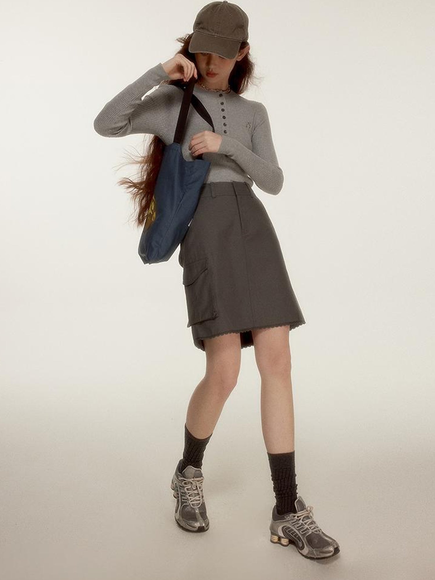 FUSSED Blokette Aesthetic 3D Utility Frost Gray Blue Lace Paneled Skirt