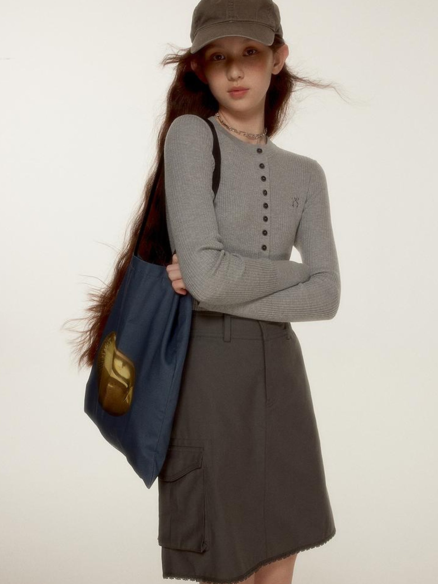 FUSSED Blokette Aesthetic 3D Utility Frost Gray Blue Lace Paneled Skirt