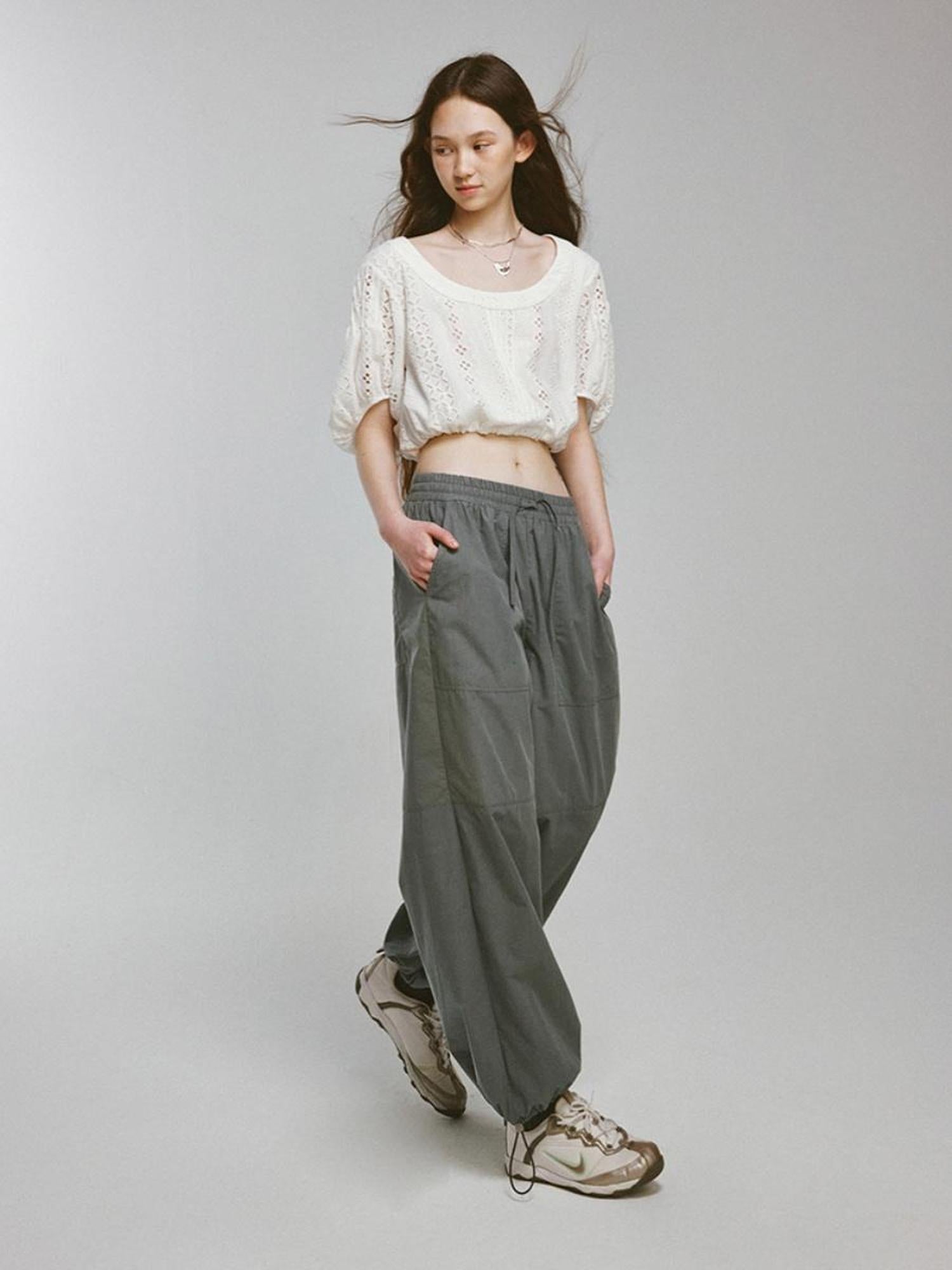 FUSSED Blokette Soft Fog Deep Grey Green Drawstring Elastic Waist Trousers