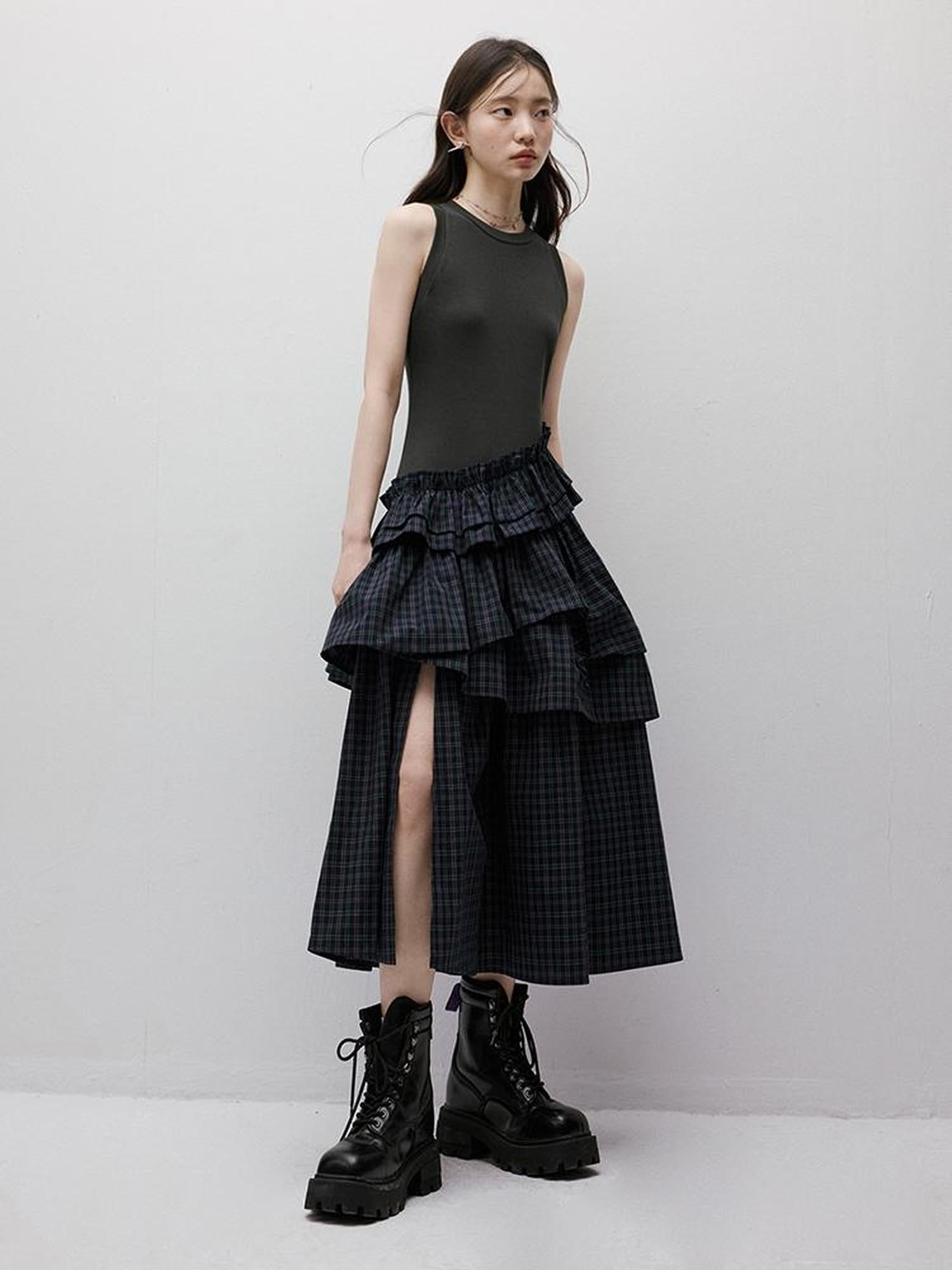 FUSSED Blue Green Tiered Asymmetrical Knit Woven Midi Dress V-neck T-shirt Long Sleeve