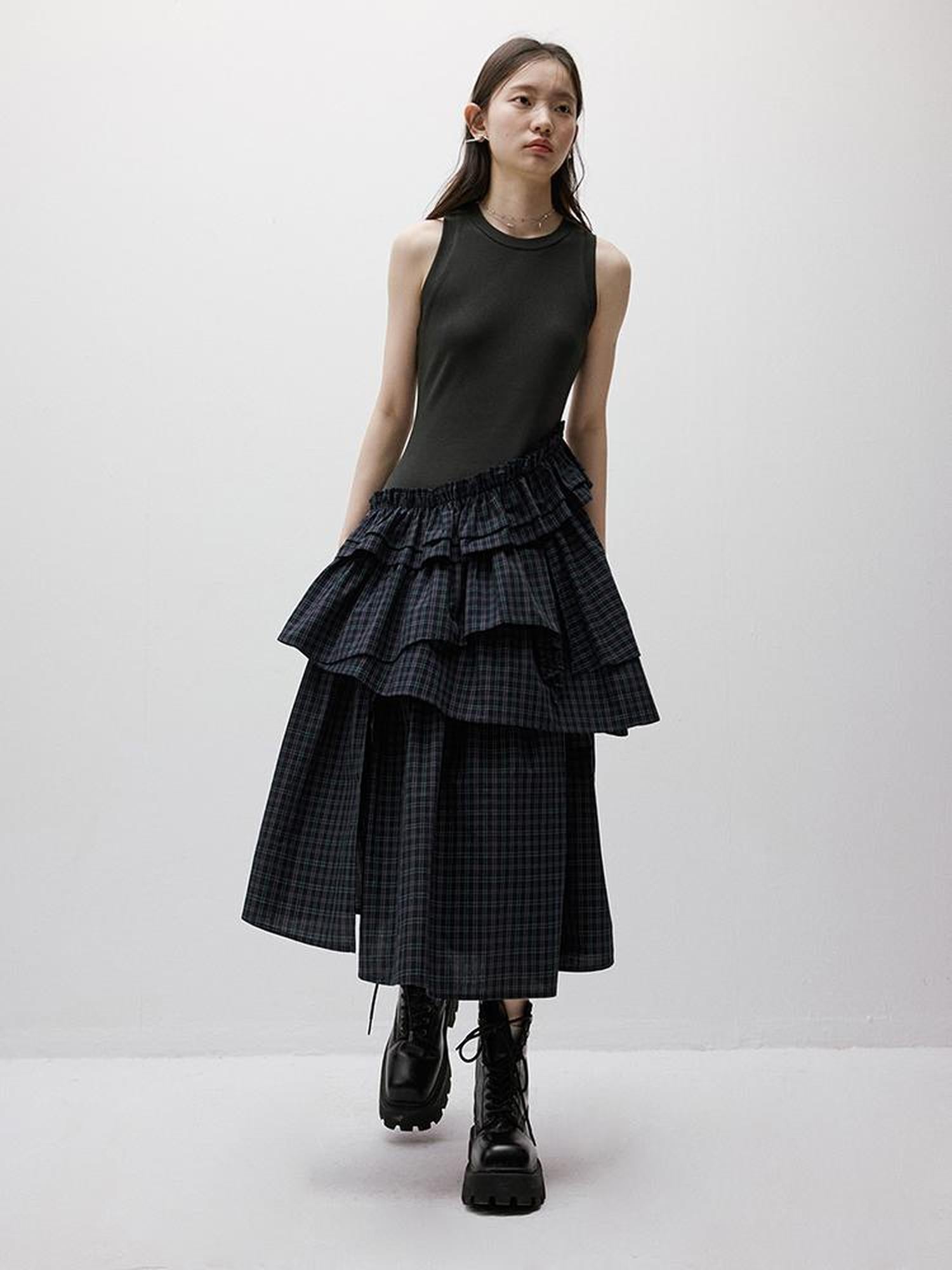 FUSSED Blue Green Tiered Asymmetrical Knit Woven Midi Dress V-neck T-shirt Long Sleeve