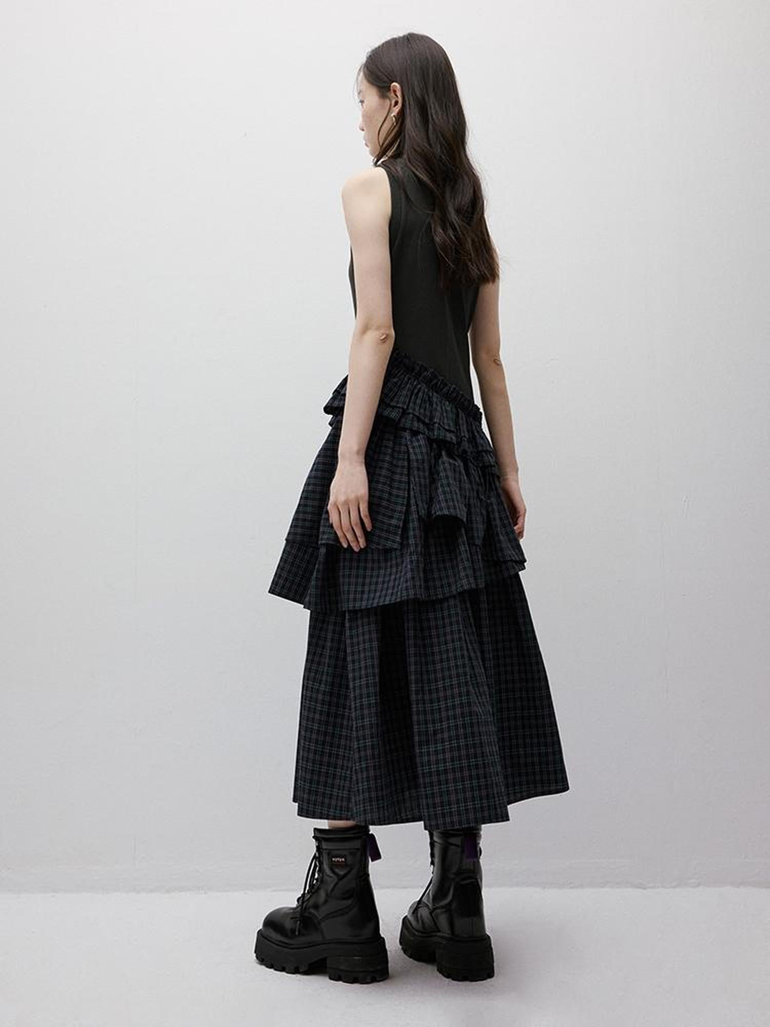 FUSSED Blue Green Tiered Asymmetrical Knit Woven Midi Dress V-neck T-shirt Long Sleeve