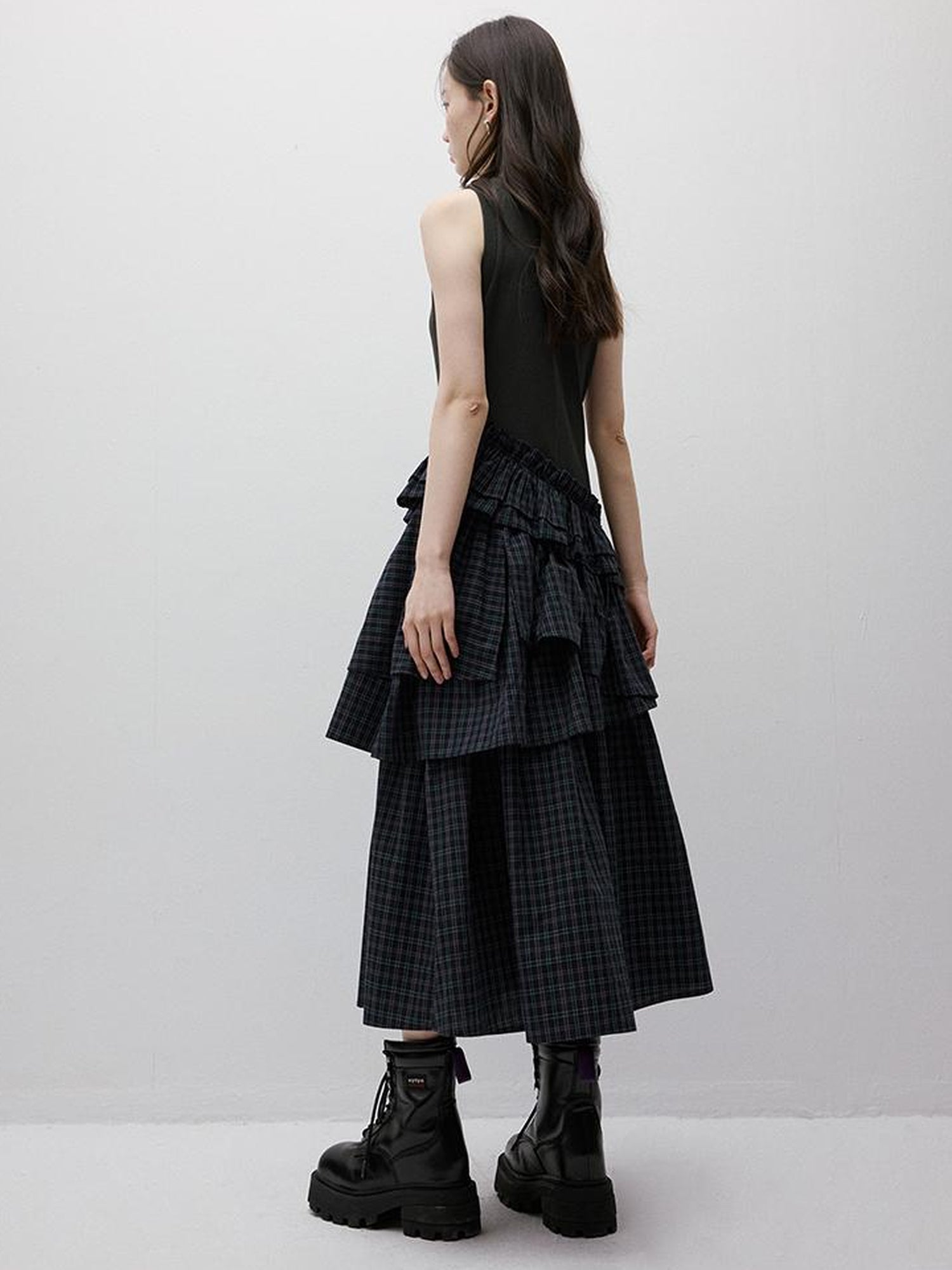 FUSSED Blue Green Tiered Asymmetrical Knit Woven Midi Dress V-neck T-shirt Long Sleeve