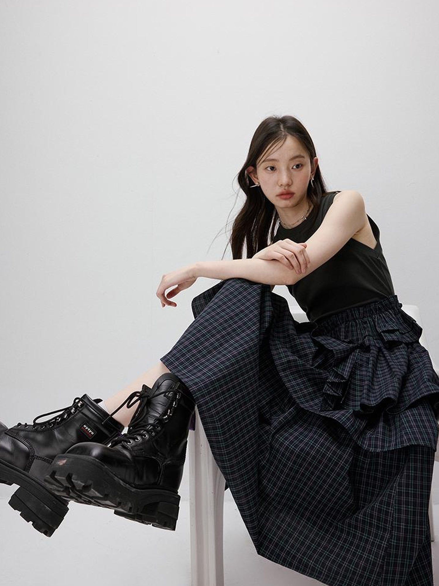 FUSSED Blue Green Tiered Asymmetrical Knit Woven Midi Dress V-neck T-shirt Long Sleeve