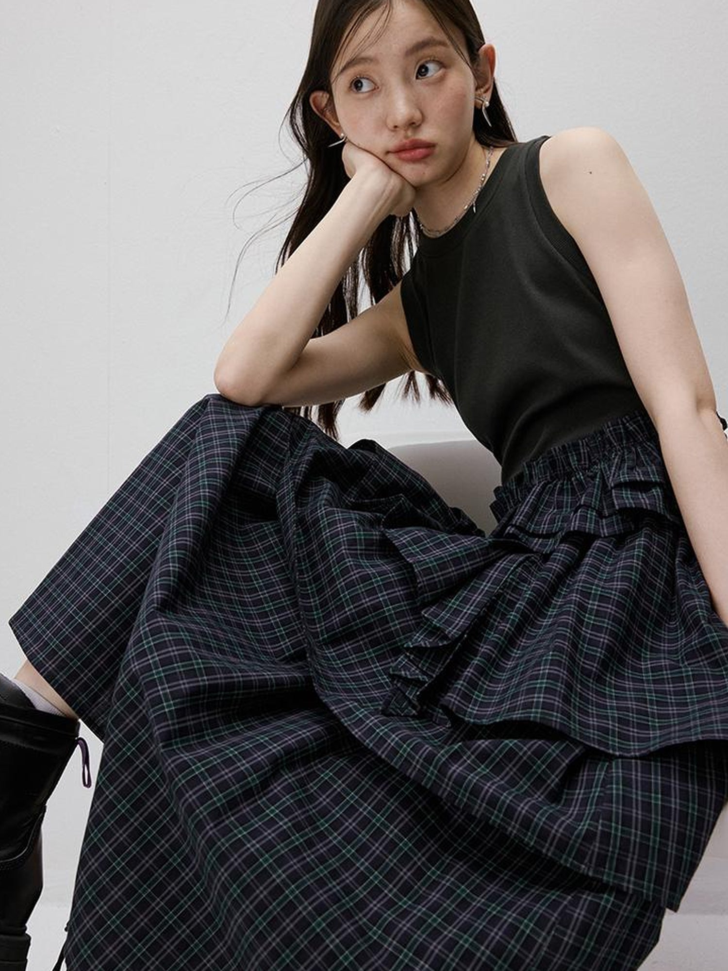 FUSSED Blue Green Tiered Asymmetrical Knit Woven Midi Dress V-neck T-shirt Long Sleeve