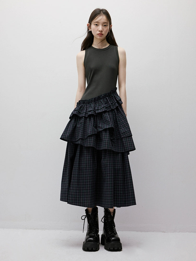 FUSSED_Blue_Green_Tiered_Asymmetrical_Knit_Woven_Midi_Dress_V_Neck_T_Shirt_Long_Sleeve_MISSTT