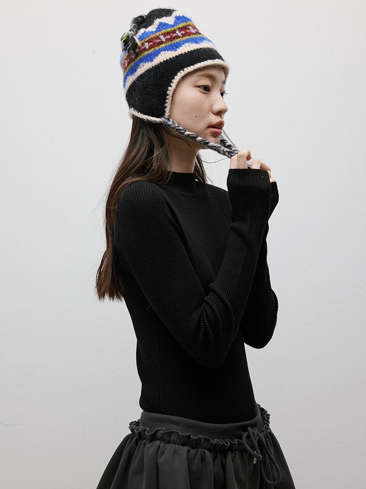 FUSSED Blue Hour 7 Color Intarsia Hand Crochet Rope Trim Wool Earflap Hat