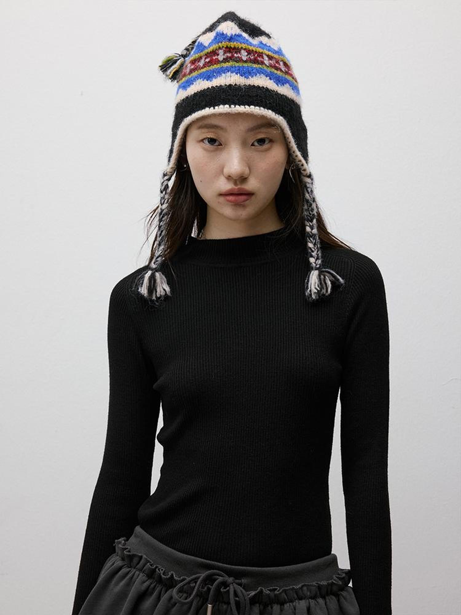 FUSSED Blue Hour 7 Color Intarsia Hand Crochet Rope Trim Wool Earflap Hat