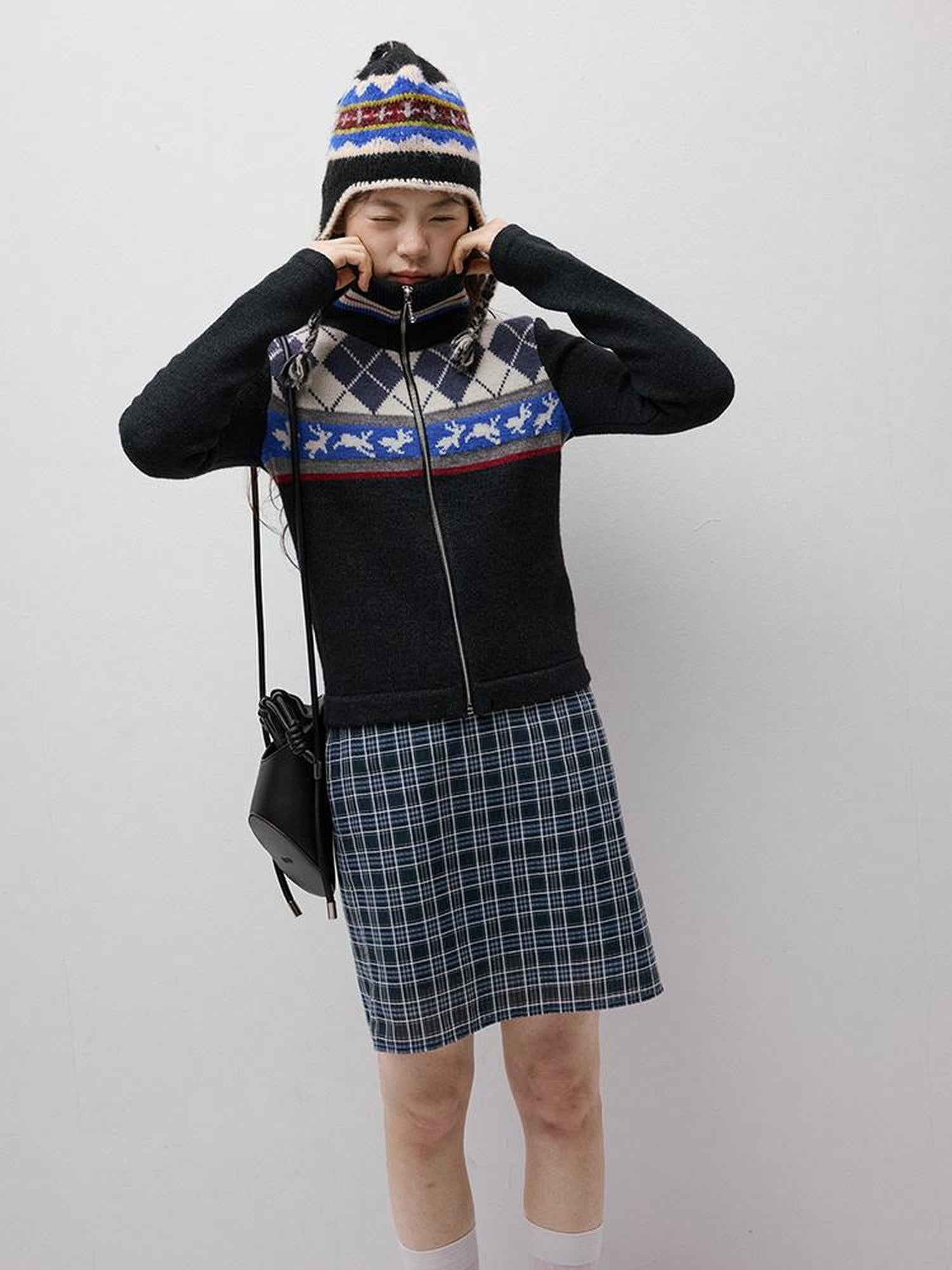 FUSSED Blue Hour 7 Color Intarsia Hand Crochet Rope Trim Wool Earflap Hat