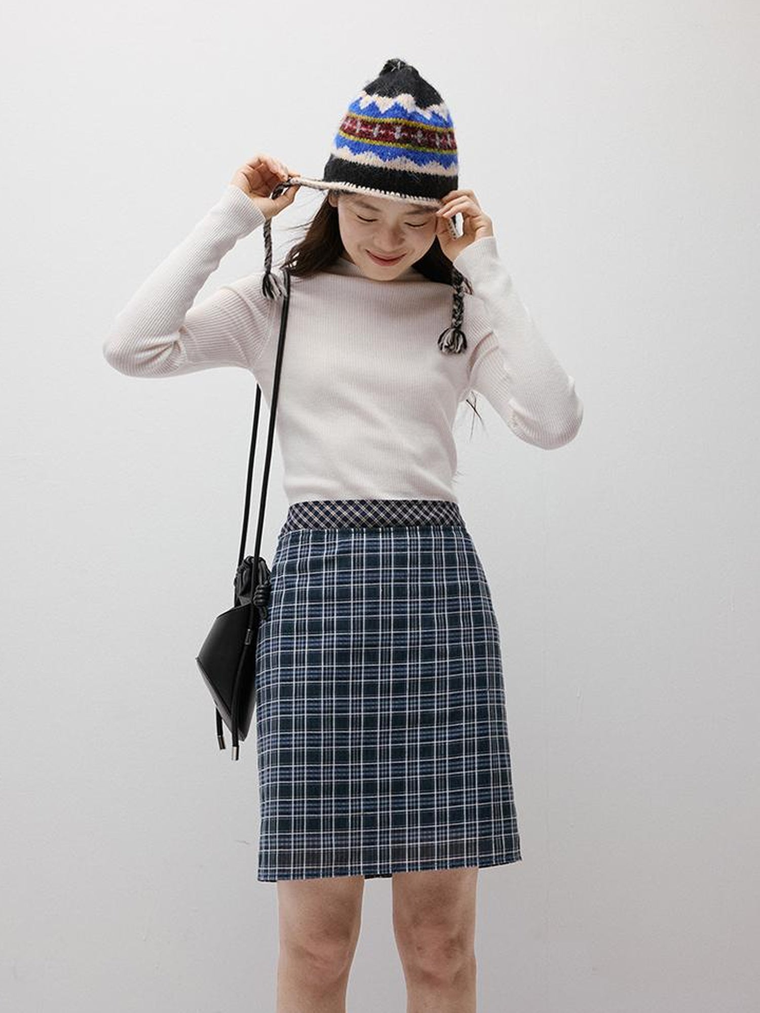 FUSSED Blue Hour 7 Color Intarsia Hand Crochet Rope Trim Wool Earflap Hat