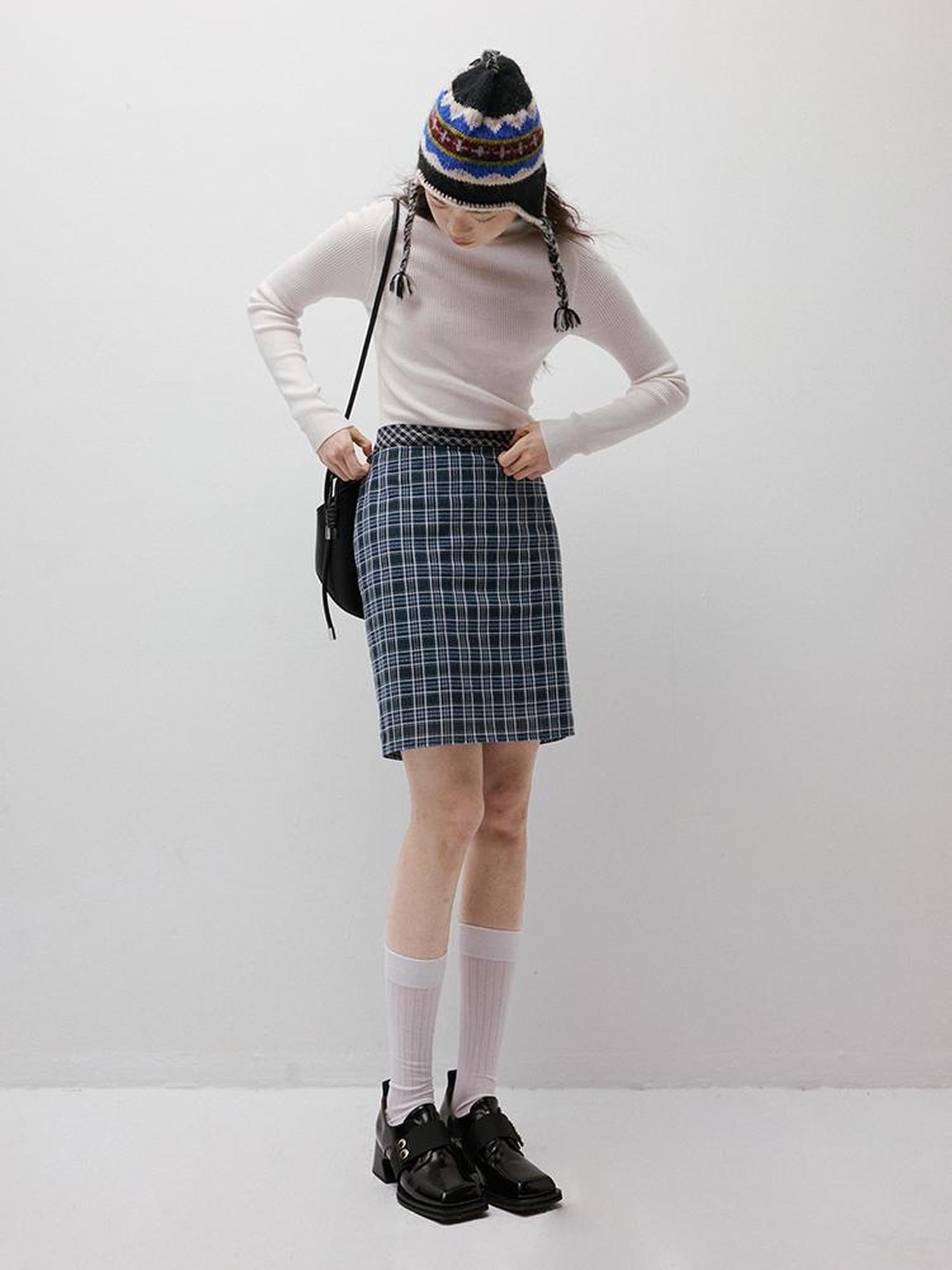 FUSSED Blue Hour Checkered Two Way Pencil Skirt