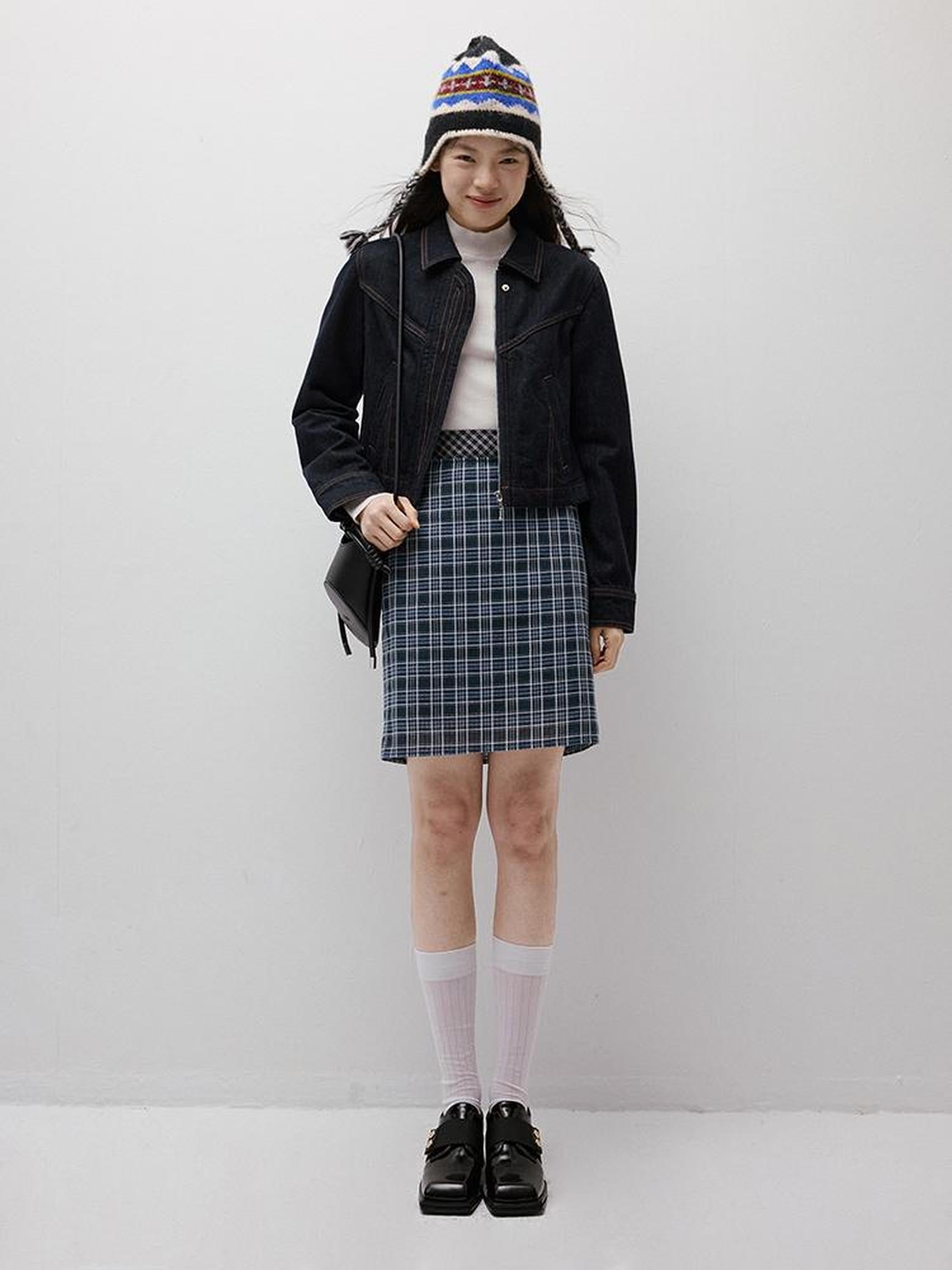 FUSSED Blue Hour Checkered Two Way Pencil Skirt