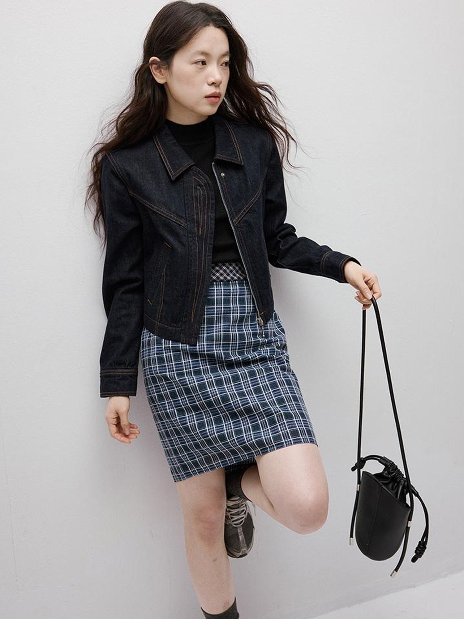 FUSSED Blue Hour Checkered Two Way Pencil Skirt