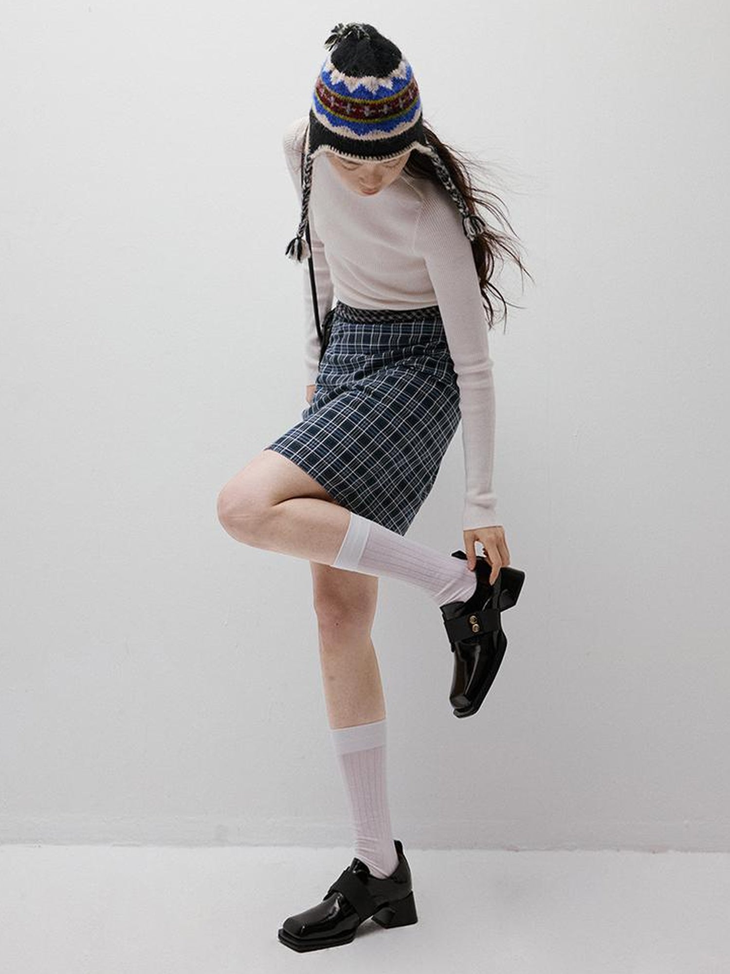 FUSSED Blue Hour Checkered Two Way Pencil Skirt