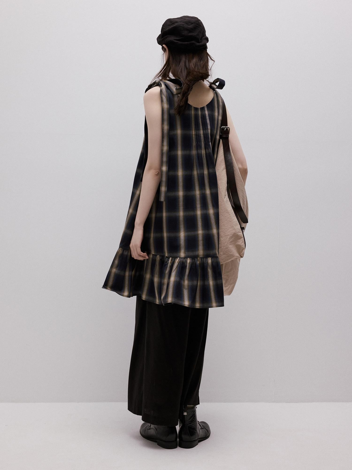 FUSSED Blue Plaid Layered Splice Sculptural Tie A Line Women&