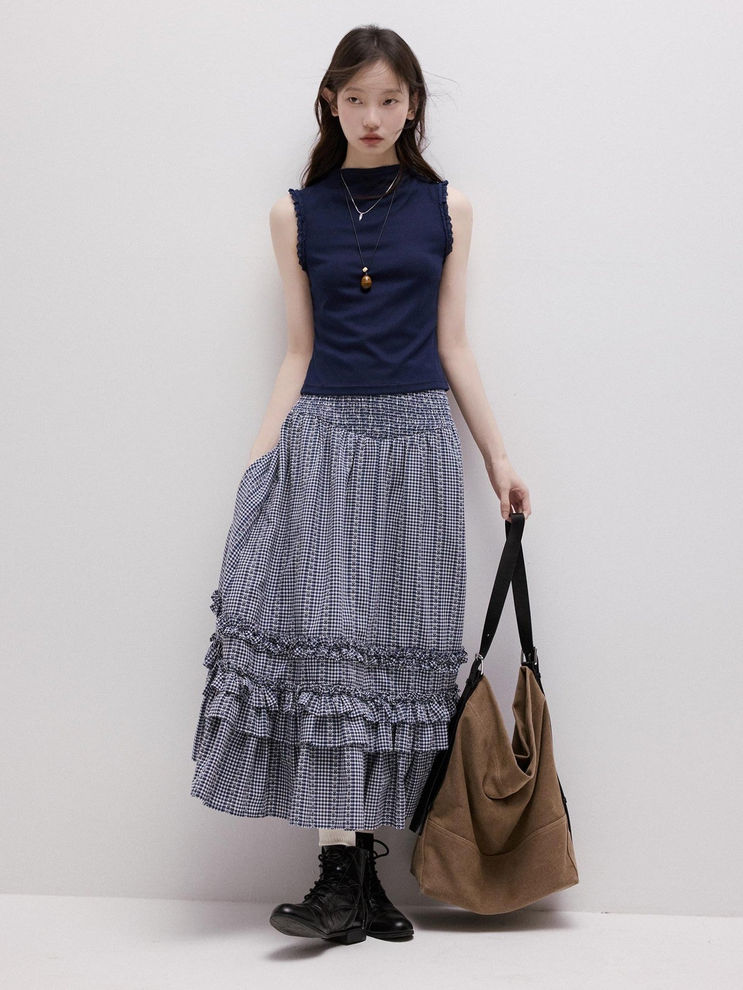 FUSSED Blue Vichy Embroidered Jacquard Layered Two Way Women&