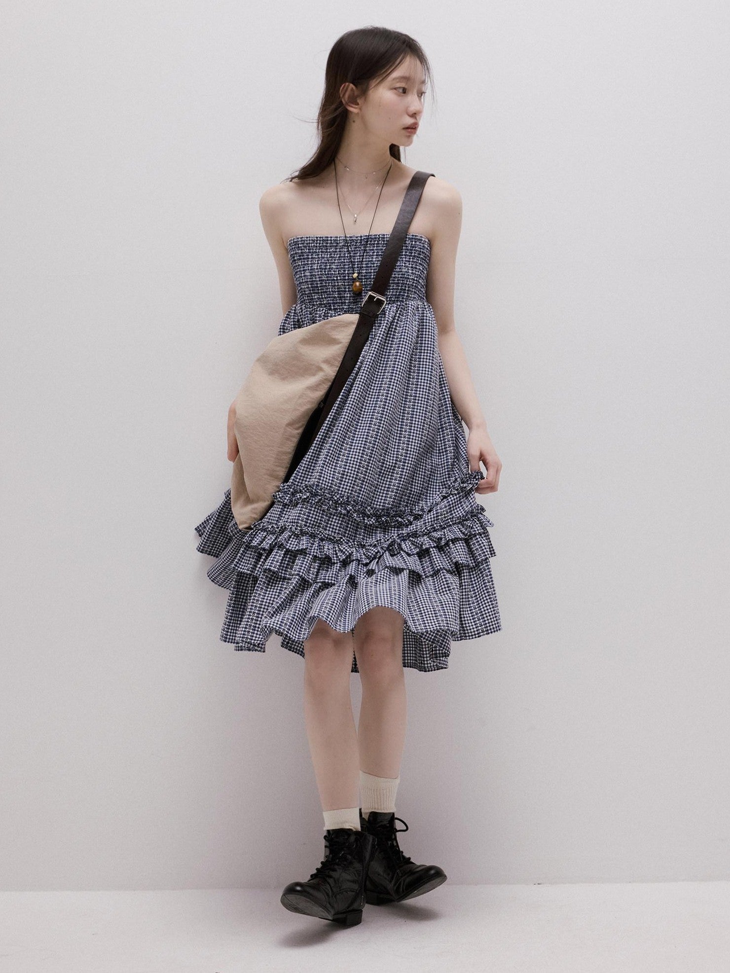 FUSSED Blue Vichy Embroidered Jacquard Layered Two Way Women&