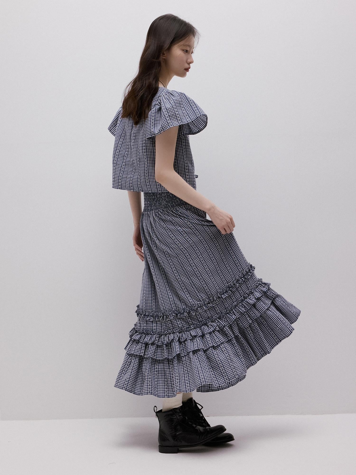 FUSSED Blue Vichy Embroidered Jacquard Layered Two Way Women&