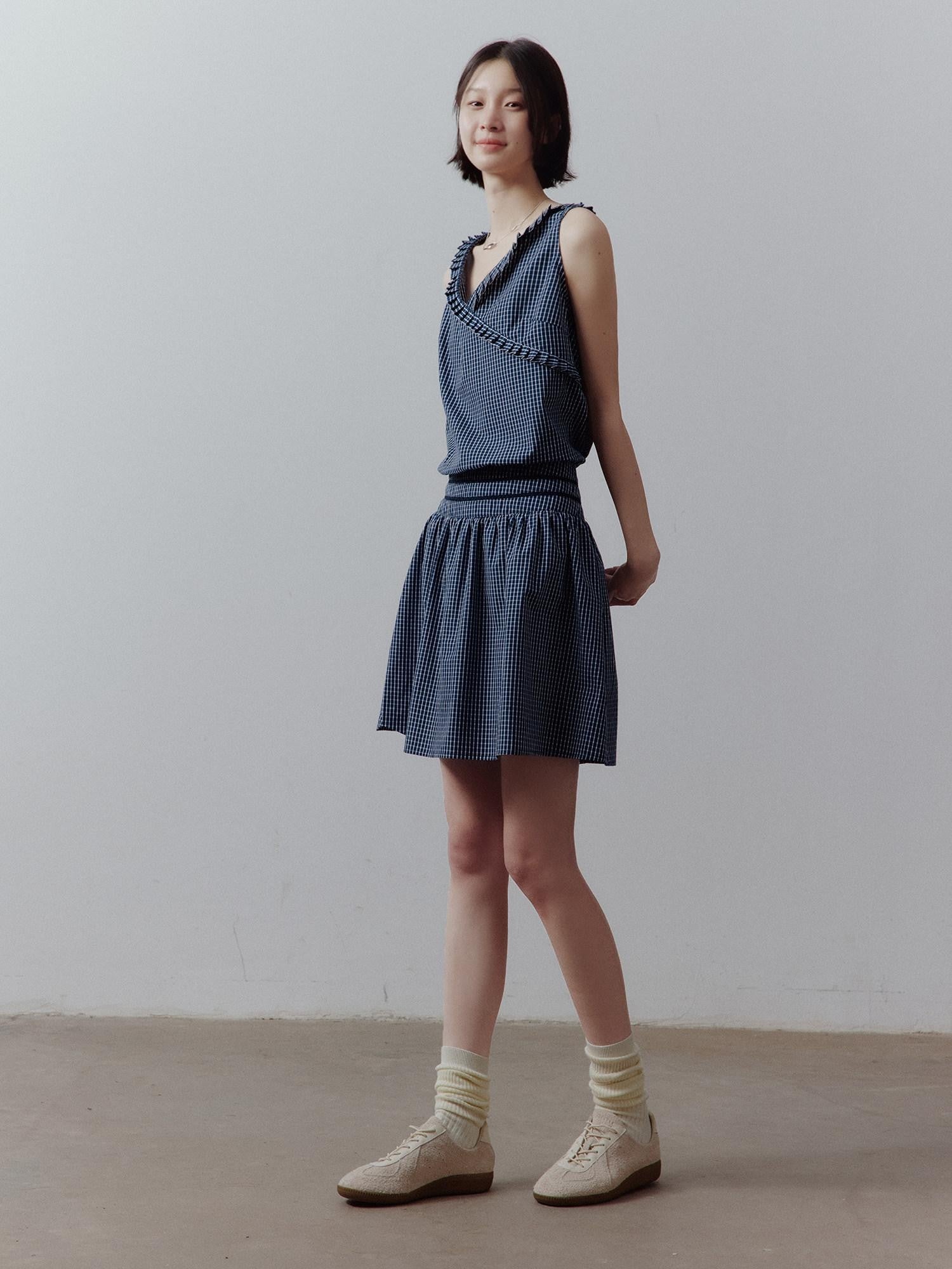 FUSSED Blue Vichy Patchwork Asymmetric Ruffle Cinched Waist Women&