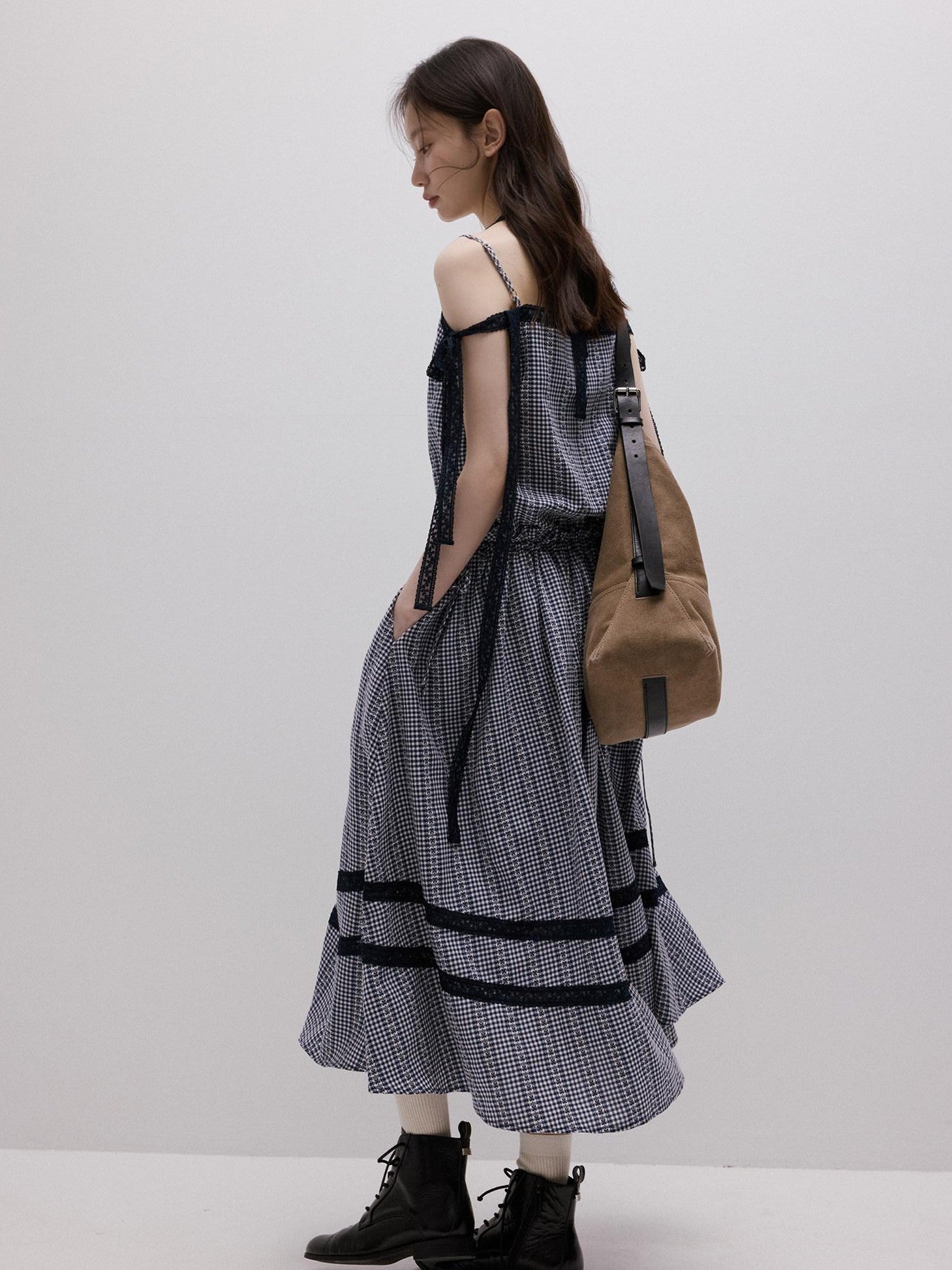 FUSSED Blue White Gingham Jacquard Layered Splice Women&