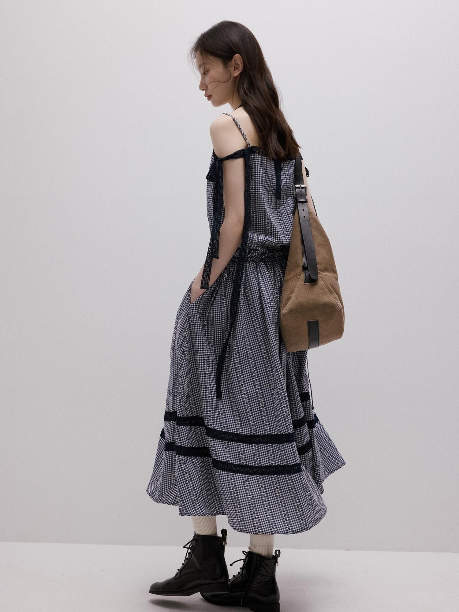 FUSSED Blue White Gingham Jacquard Layered Splice Women&