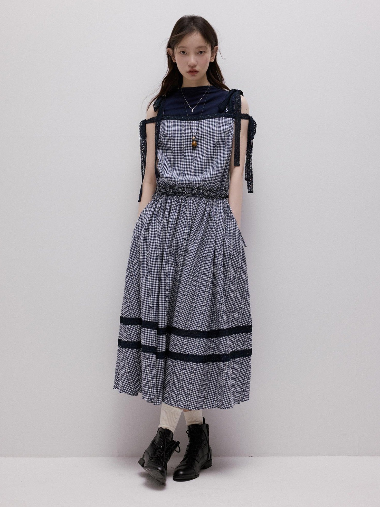 FUSSED Blue White Gingham Jacquard Layered Splice Women&