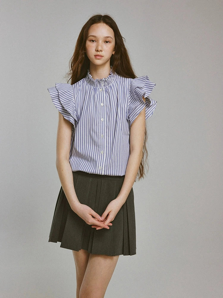 Blue White Striped Bubble Collar Puff Sleeve Crop Shirt