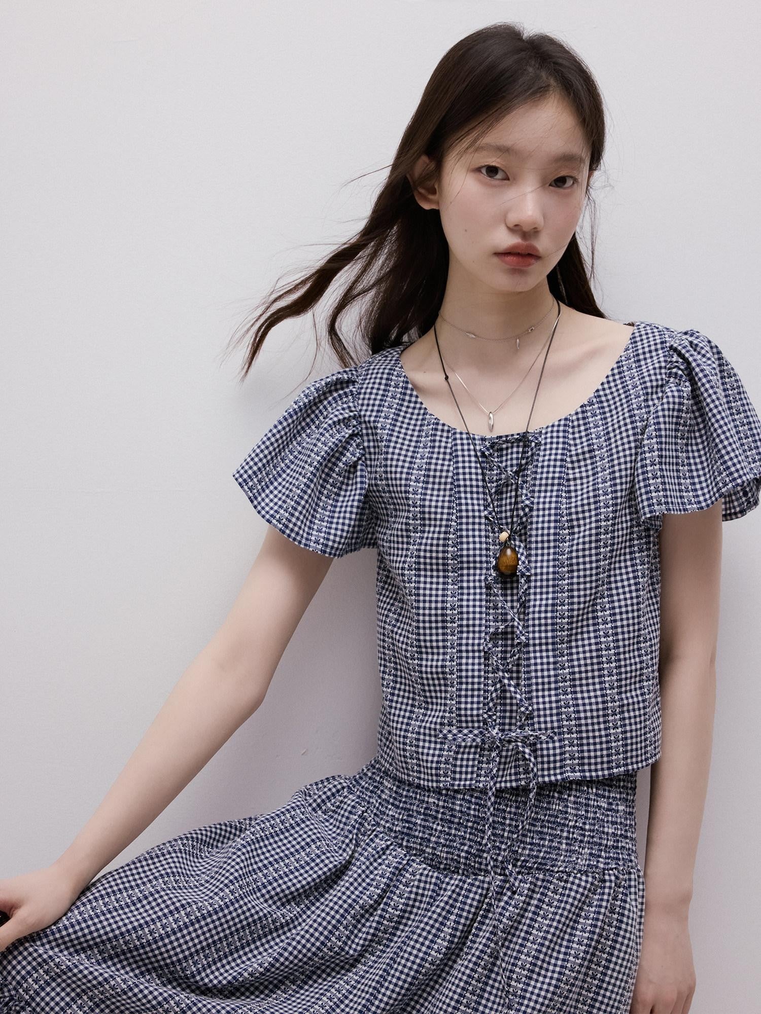 FUSSED Blue White Vichy Check Tie Flutter Sleeve Women&