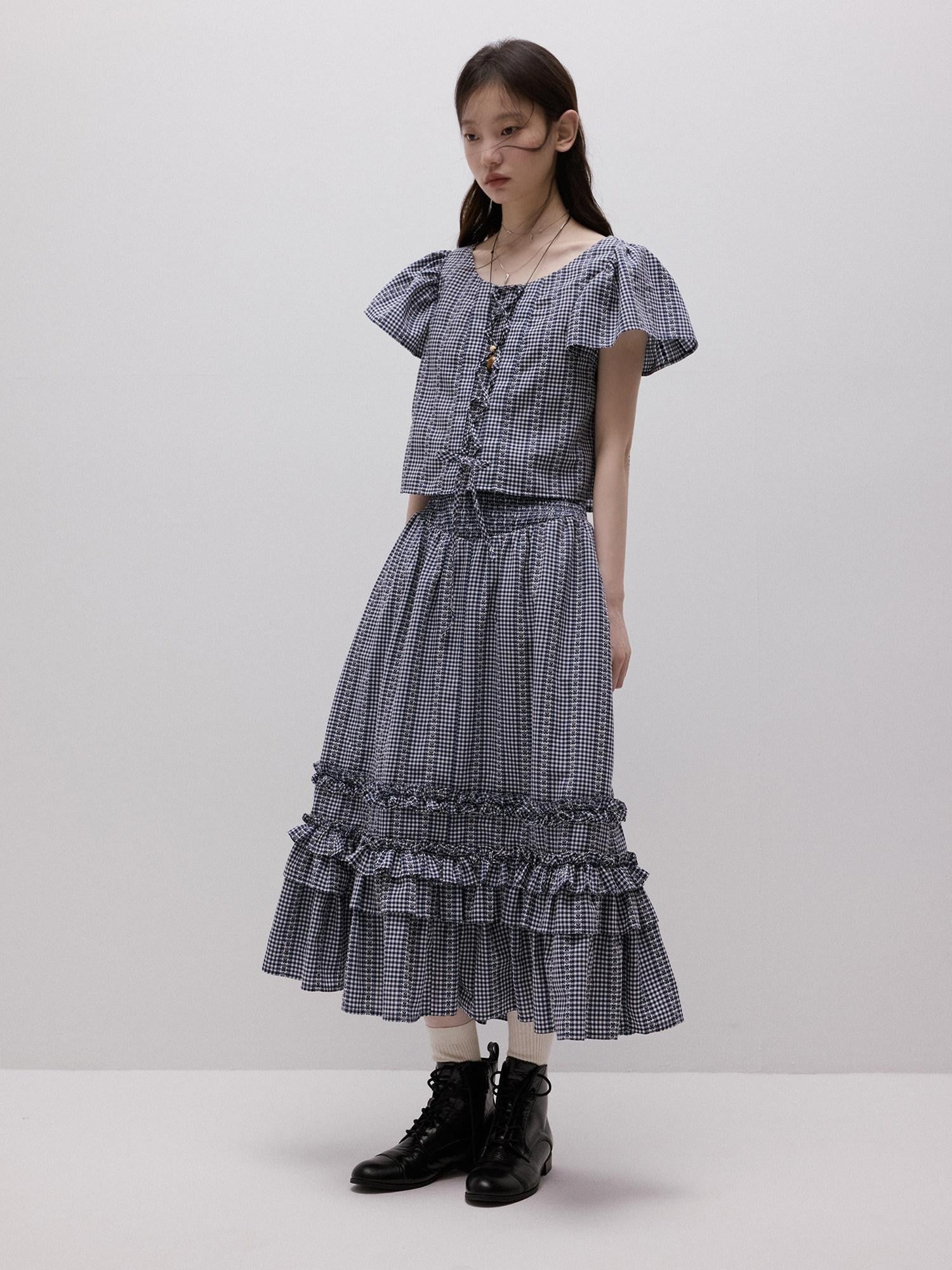 FUSSED Blue White Vichy Check Tie Flutter Sleeve Women&