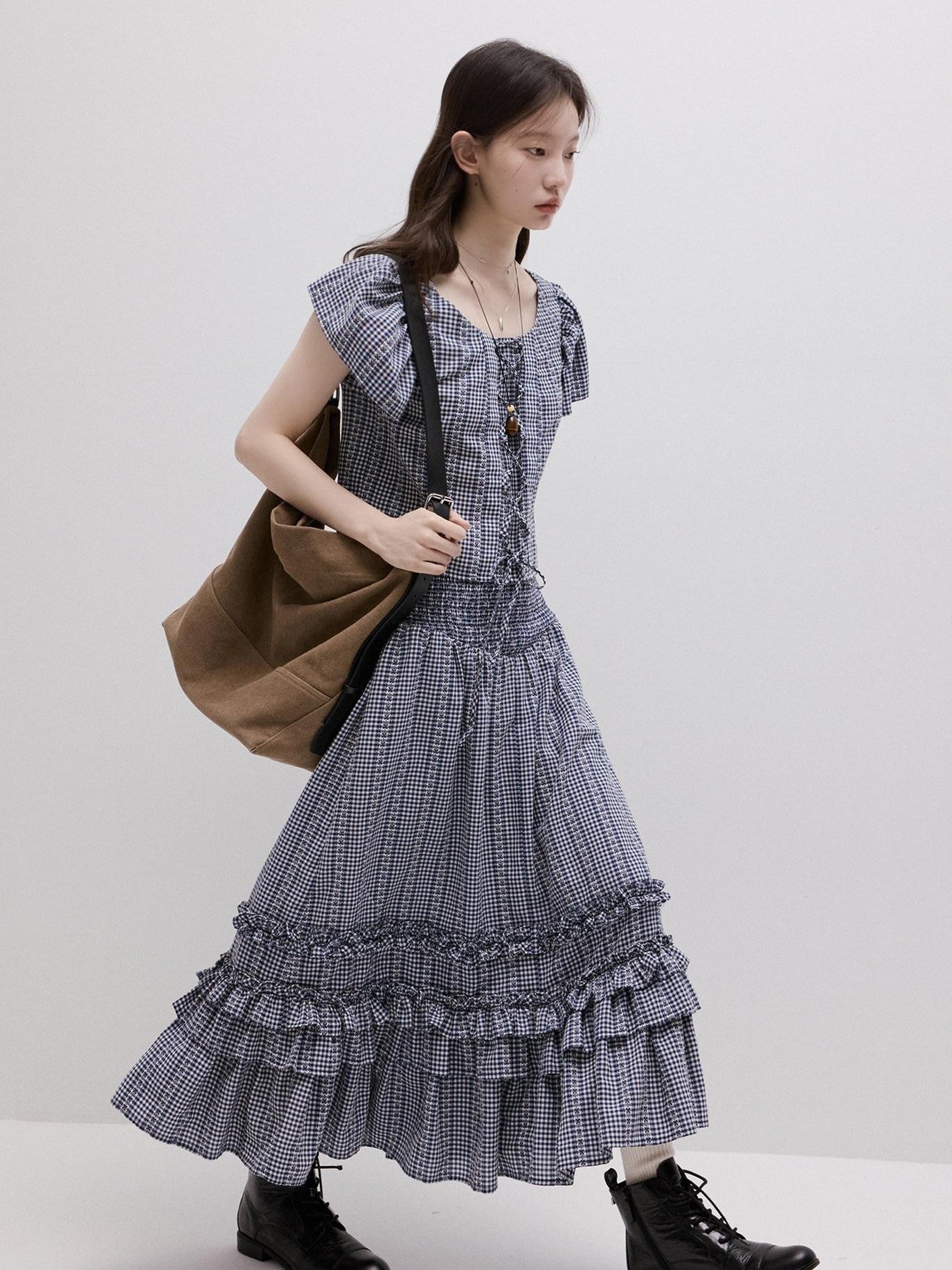 FUSSED Blue White Vichy Check Tie Flutter Sleeve Women&