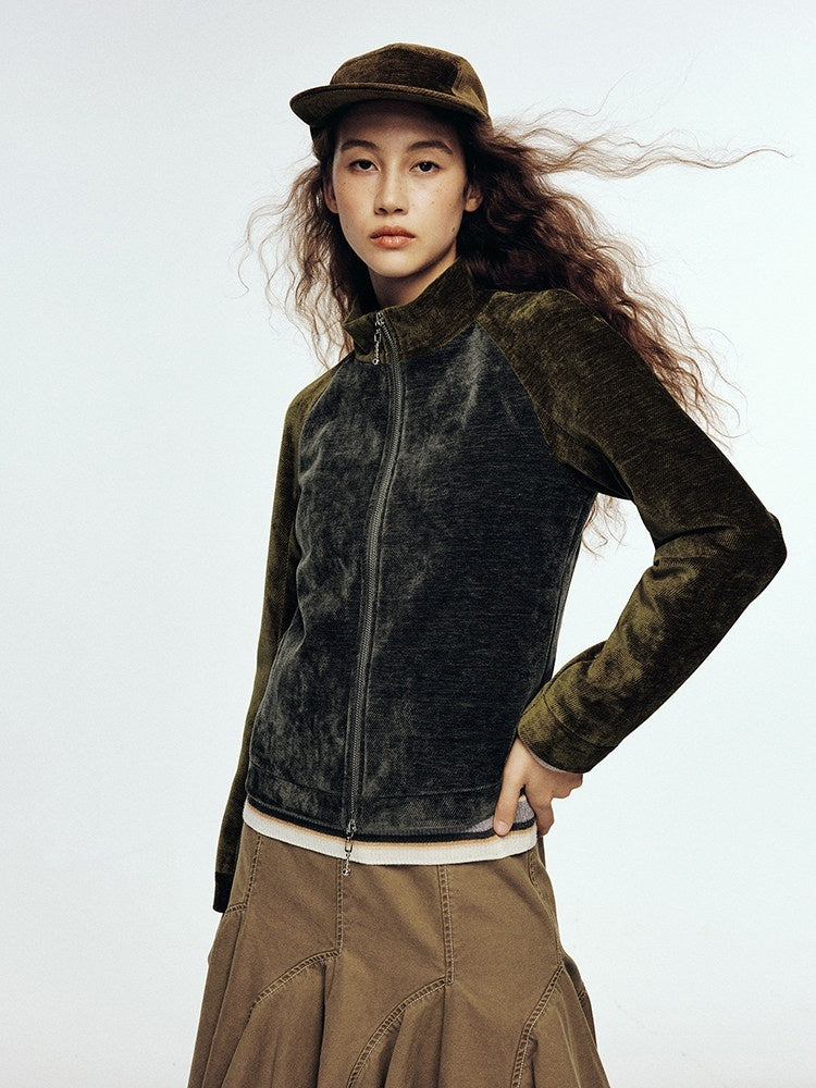 FUSSED_Brown_Colorblock_Stand_Collar_Raglan_Women&