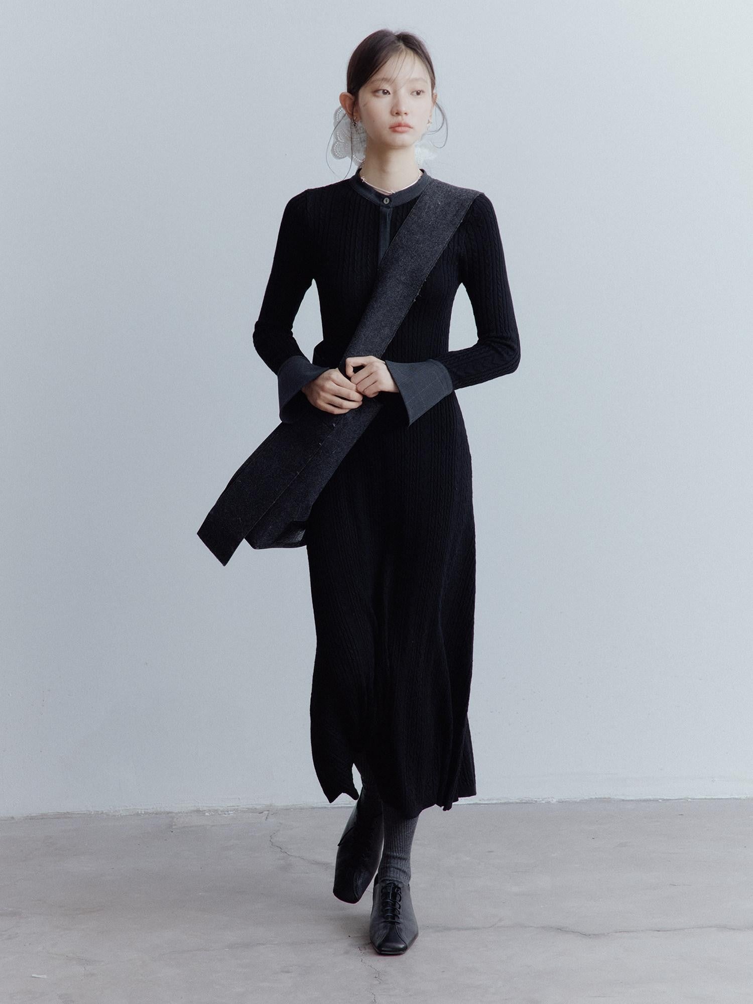 FUSSED Cable Knit Drawcord Shirt Collar Long Sleeve Women&