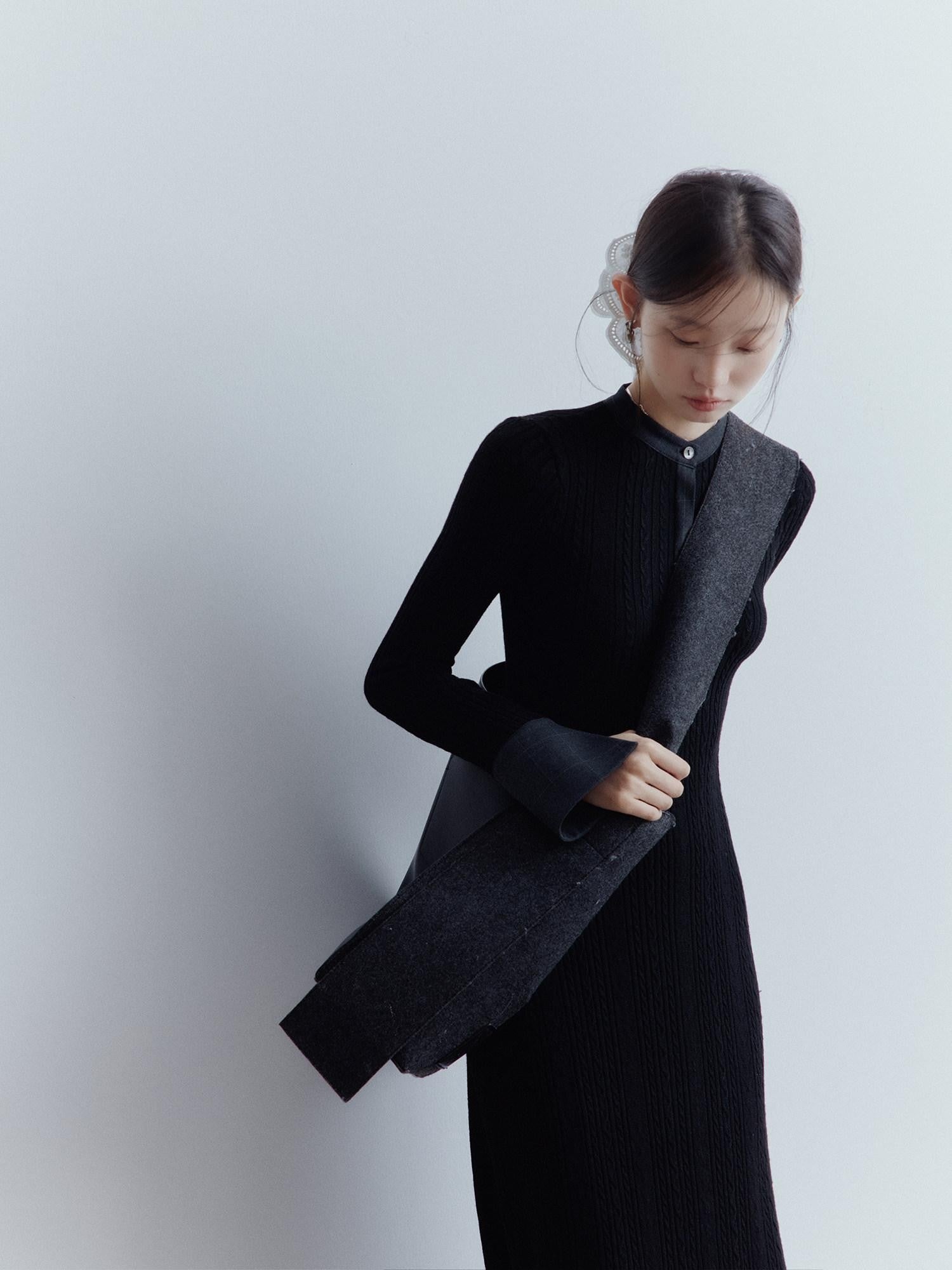 FUSSED Cable Knit Drawcord Shirt Collar Long Sleeve Women&
