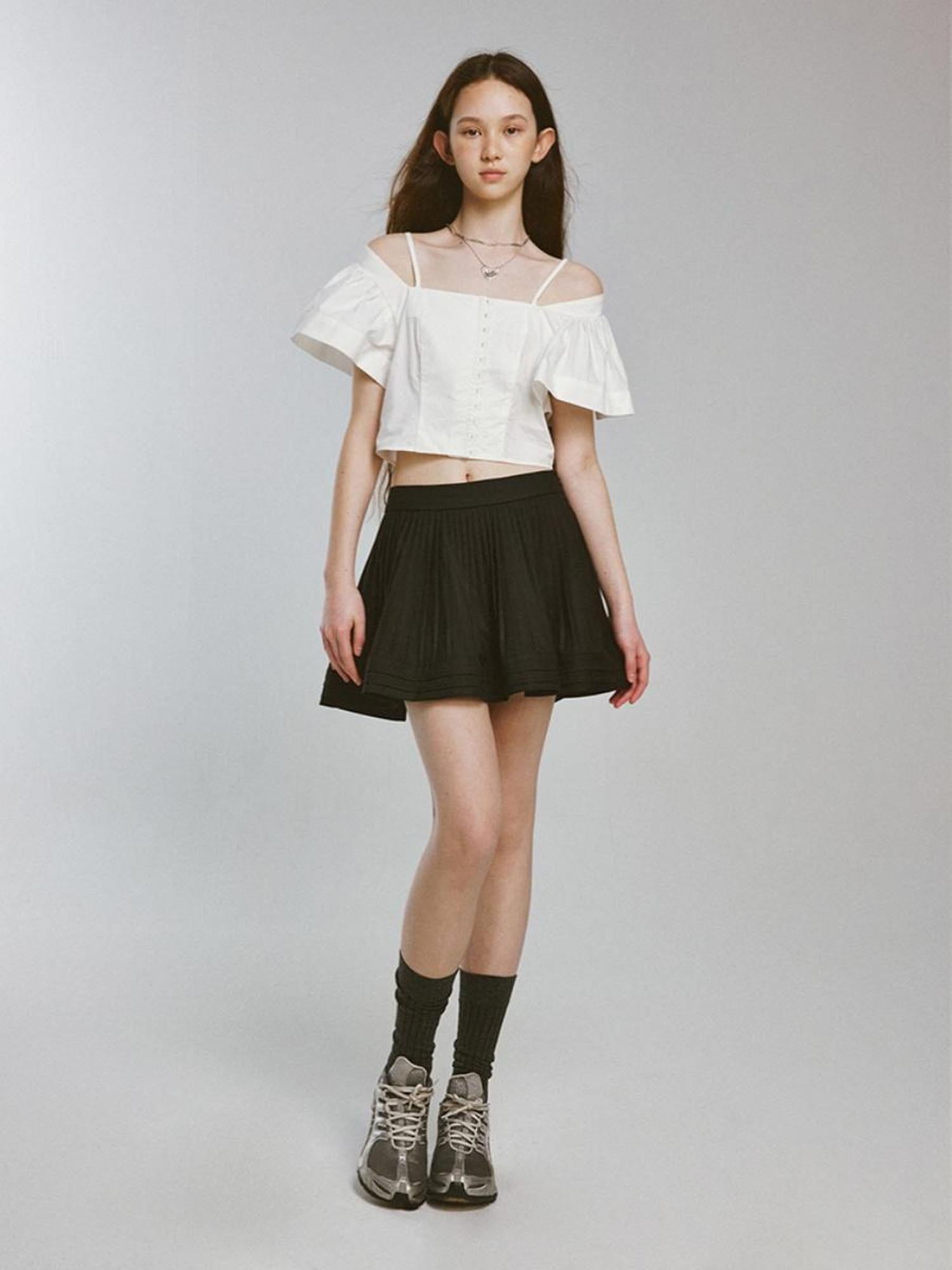 FUSSED Camellia White Square Neck Top With Embossed Texture And Draped Sleeves