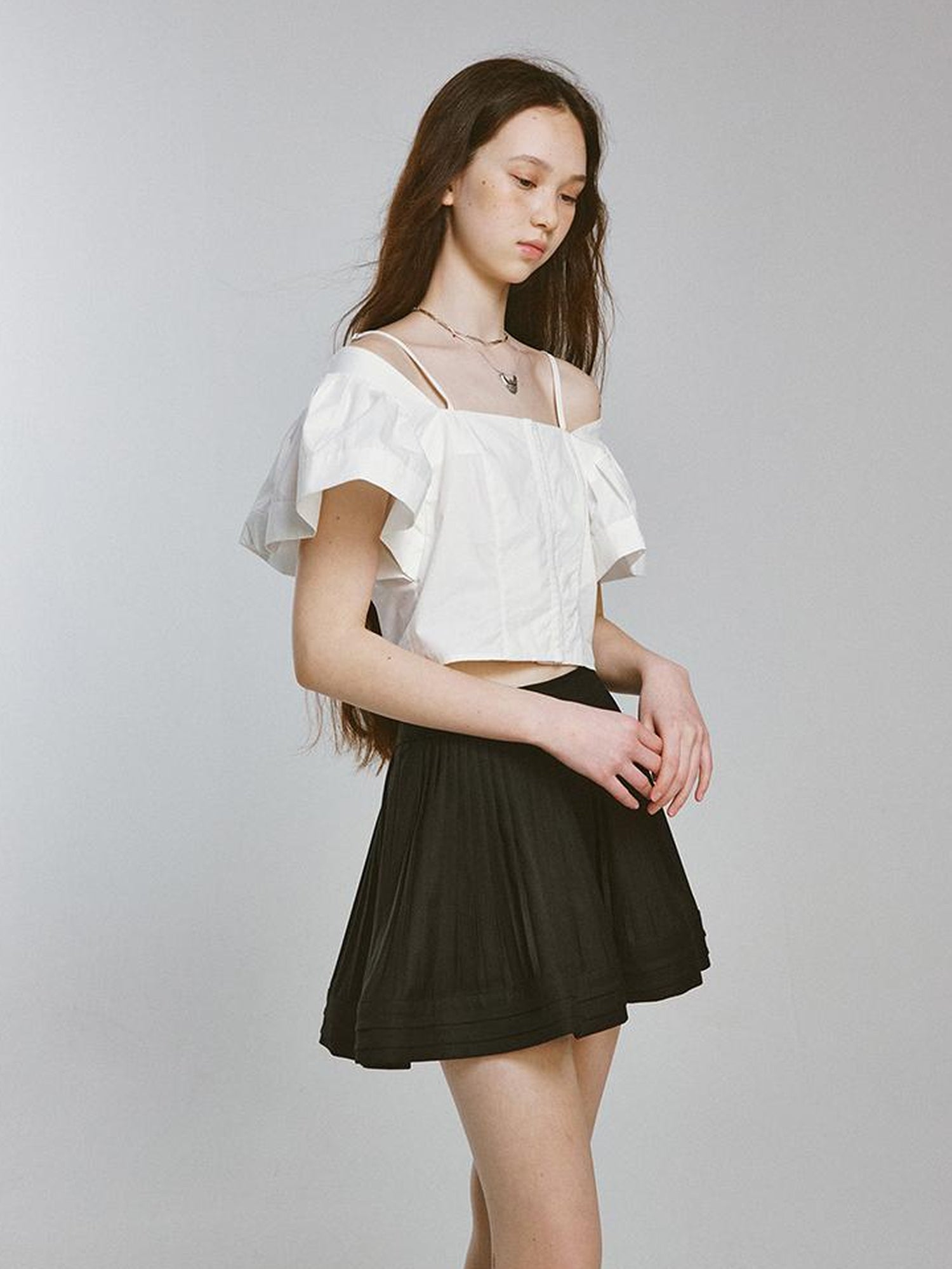 FUSSED Camellia White Square Neck Top With Embossed Texture And Draped Sleeves