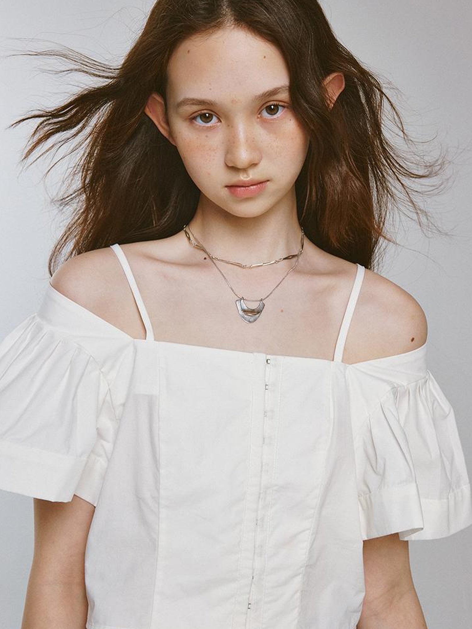 FUSSED Camellia White Square Neck Top With Embossed Texture And Draped Sleeves